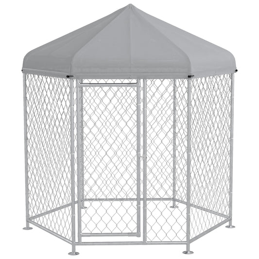 Outdoor Dog Kennel Dog Run with Waterproof, UV Resistant Cover for Medium and Large Sized Dogs, 6.9' x 6.1' x 7', Silver