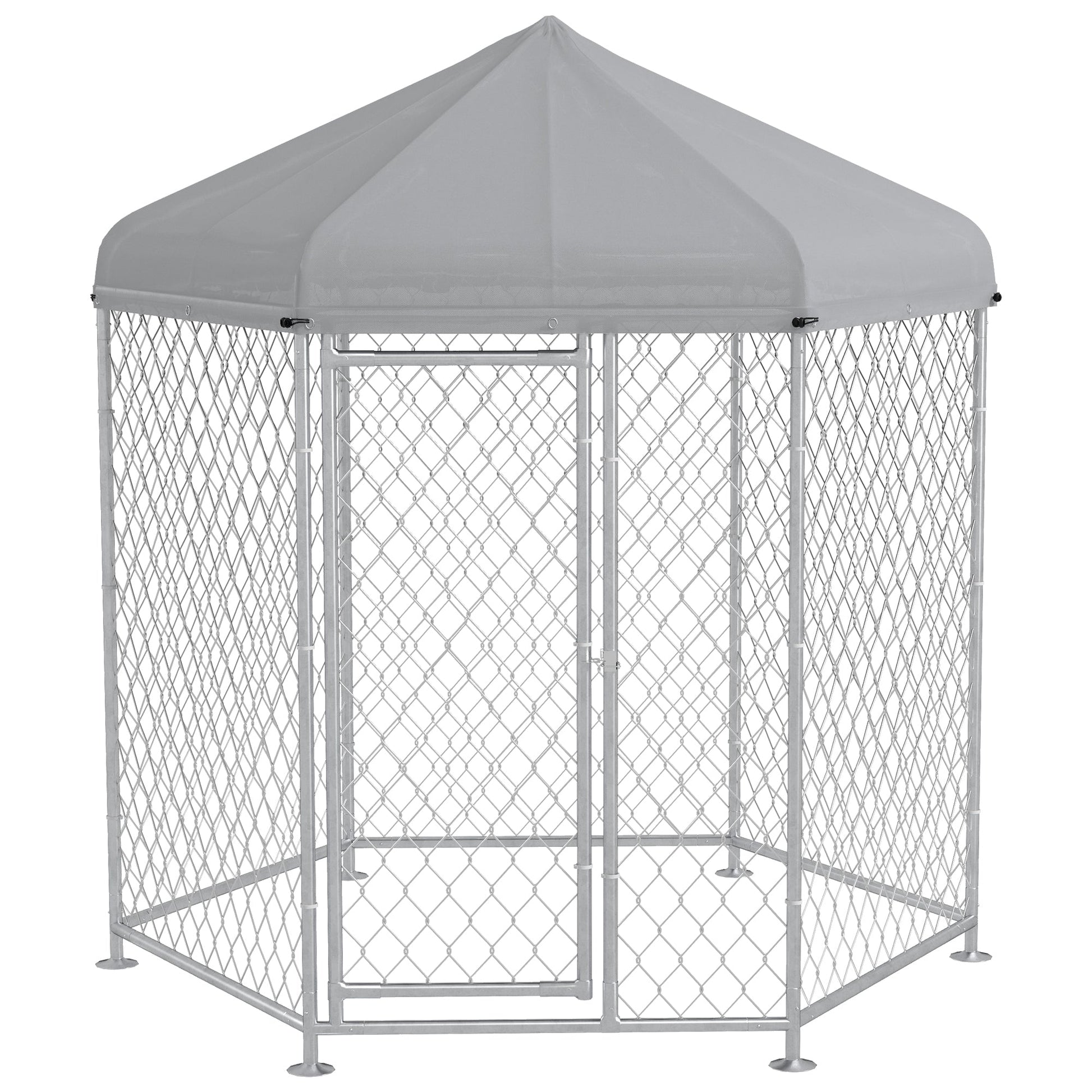 Outdoor Dog Kennel Dog Run with Waterproof, UV Resistant Cover for Medium and Large Sized Dogs, 6.9' x 6.1' x 7', Silver