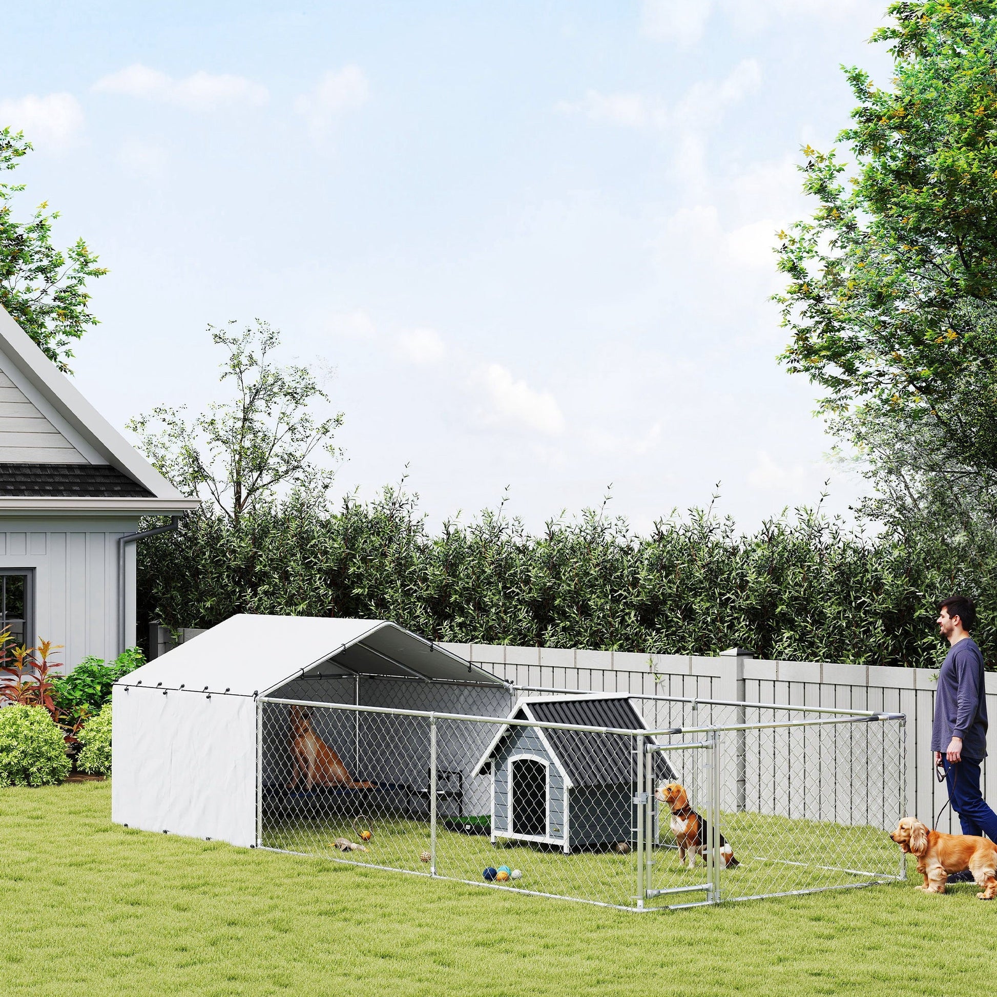 Outdoor Dog Kennel with Waterproof & UV-Resistant Cover, Dog Run with Secure Lock for Small Medium Large Dogs, 19.7' x 7.5' x 4.9'