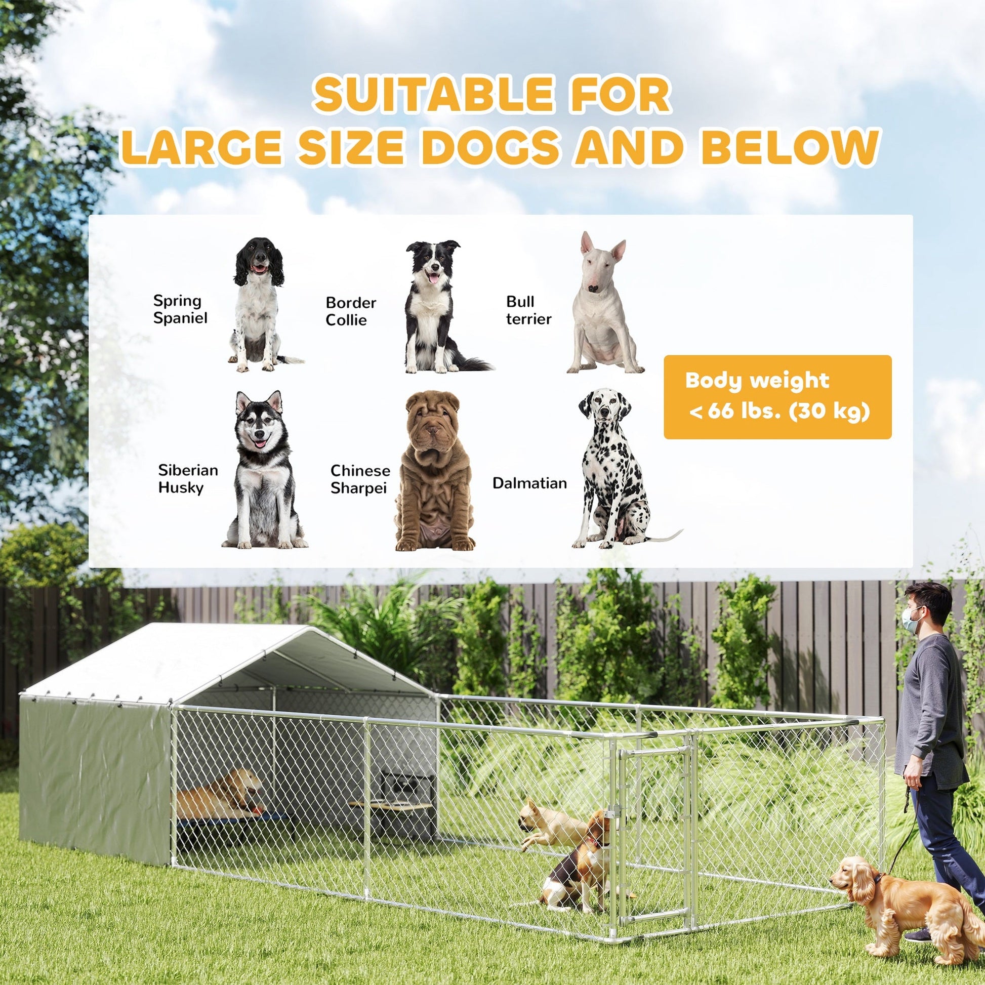 Outdoor Dog Kennel with Waterproof & UV-Resistant Cover, Dog Run with Secure Lock for Small Medium Large Dogs, 19.7' x 7.5' x 4.9'