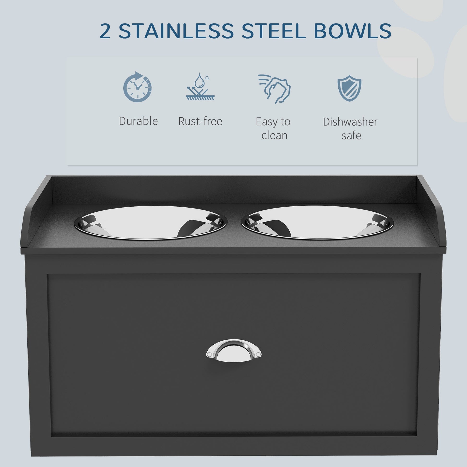 Elevated Dog Bowls for Large Dogs, Raised Pet Feeding Station with 2 Stainless Steel Bowls, Hidden Storage Drawer, Wood Stand for Cats, Black