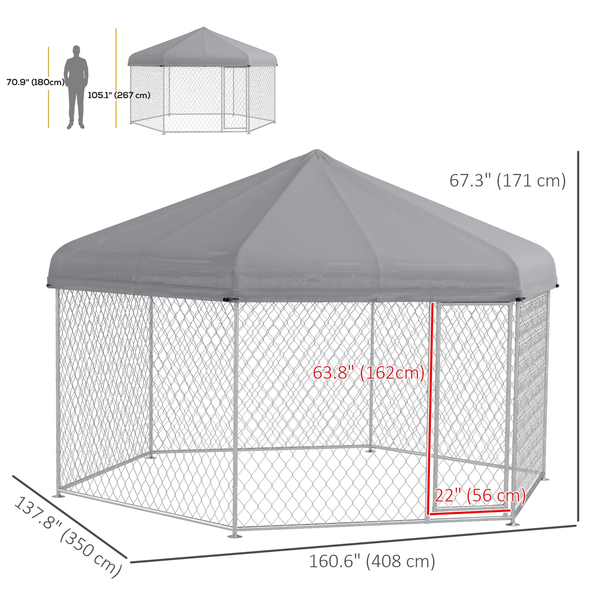 Outdoor Dog Kennel Dog Run with Waterproof, UV Resistant Cover for Medium and Large Sized Dogs, 13.4' x 11.5' x 8.8', Silver