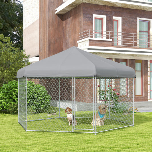 Outdoor Dog Kennel Dog Run with Waterproof, UV Resistant Cover for Medium and Large Sized Dogs, 13.4' x 11.5' x 8.8', Silver
