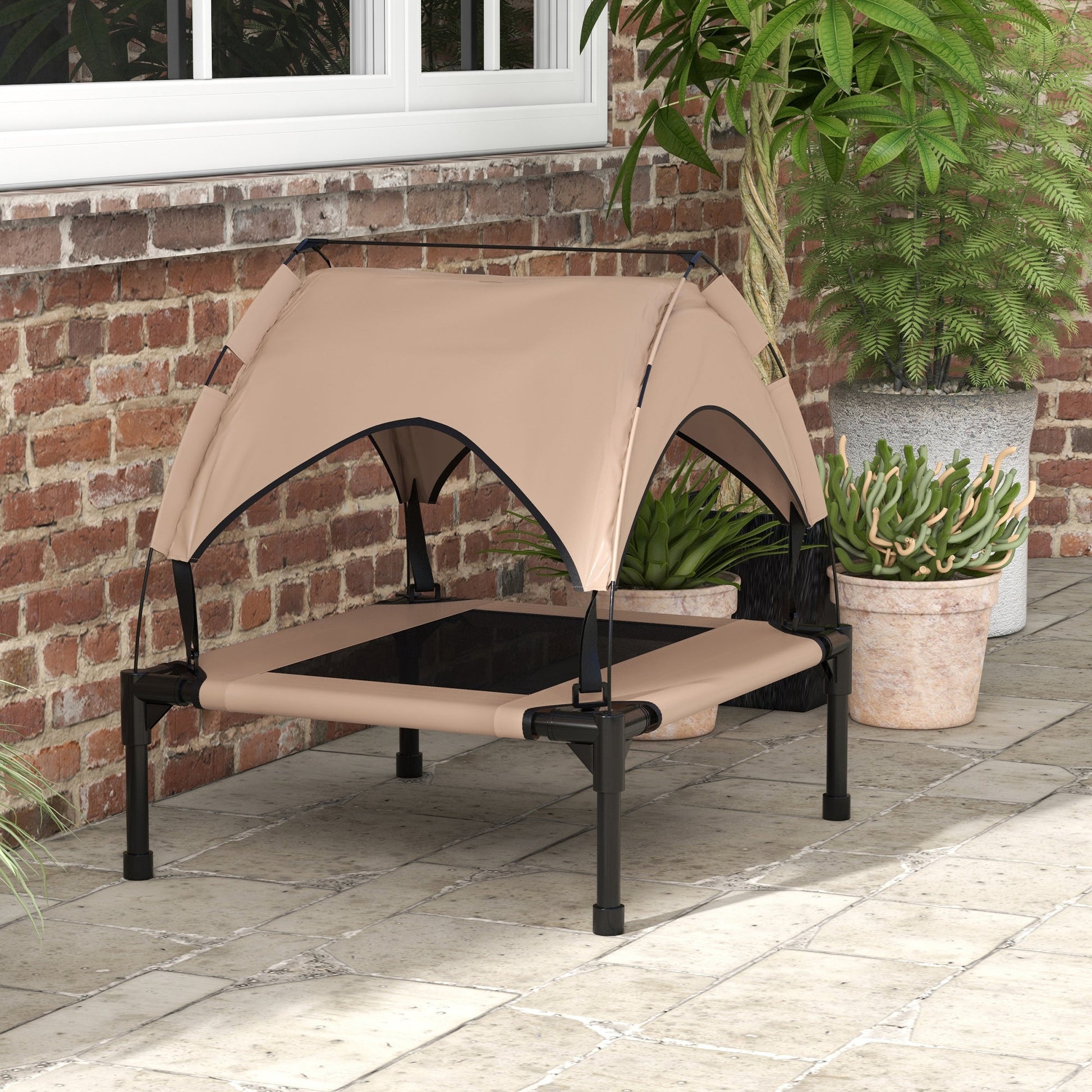 Elevated Dog Bed with Canopy, Cooling Dog Cot Bed for Camping, Portable Raised Pet Cot with Washable Breathable Mesh, for Indoor Outdoor, S & M Dogs, 30" x 24" x 27", Coffee