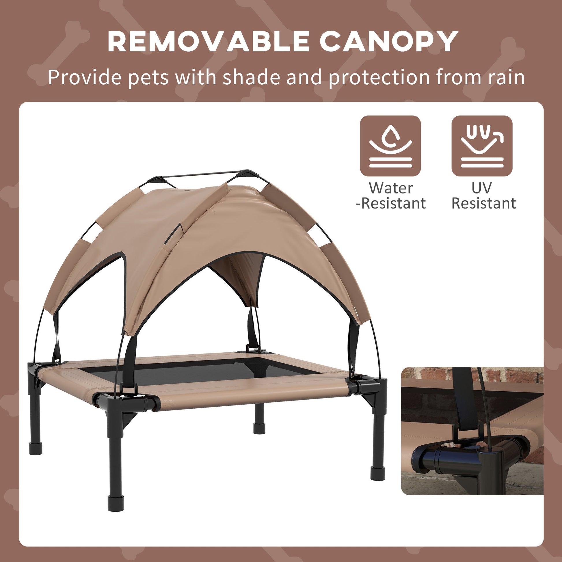 Elevated Dog Bed with Canopy, Cooling Dog Cot Bed for Camping, Portable Raised Pet Cot with Washable Breathable Mesh, for Indoor Outdoor, S & M Dogs, 30" x 24" x 27", Coffee