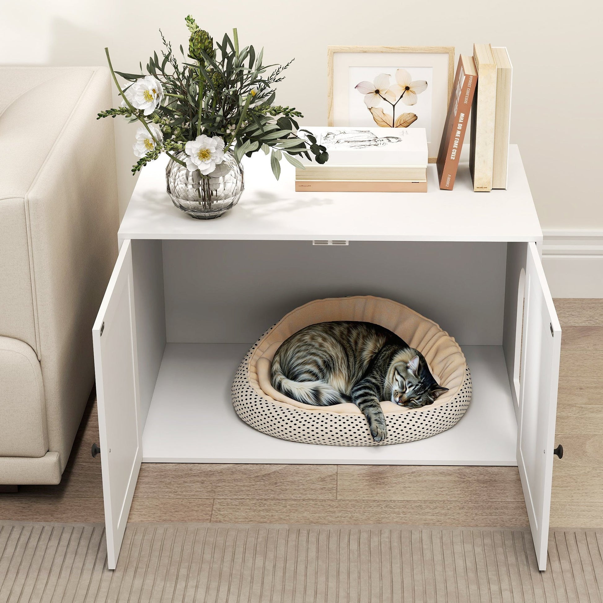 Cat Litter Box Enclosure, Hidden Washroom Furniture with Doors, Cat Hole, Handles, Indoor Pet House Side End Table Fit Most of Cat and Litter Box, 31.5" x 21" x 20", White