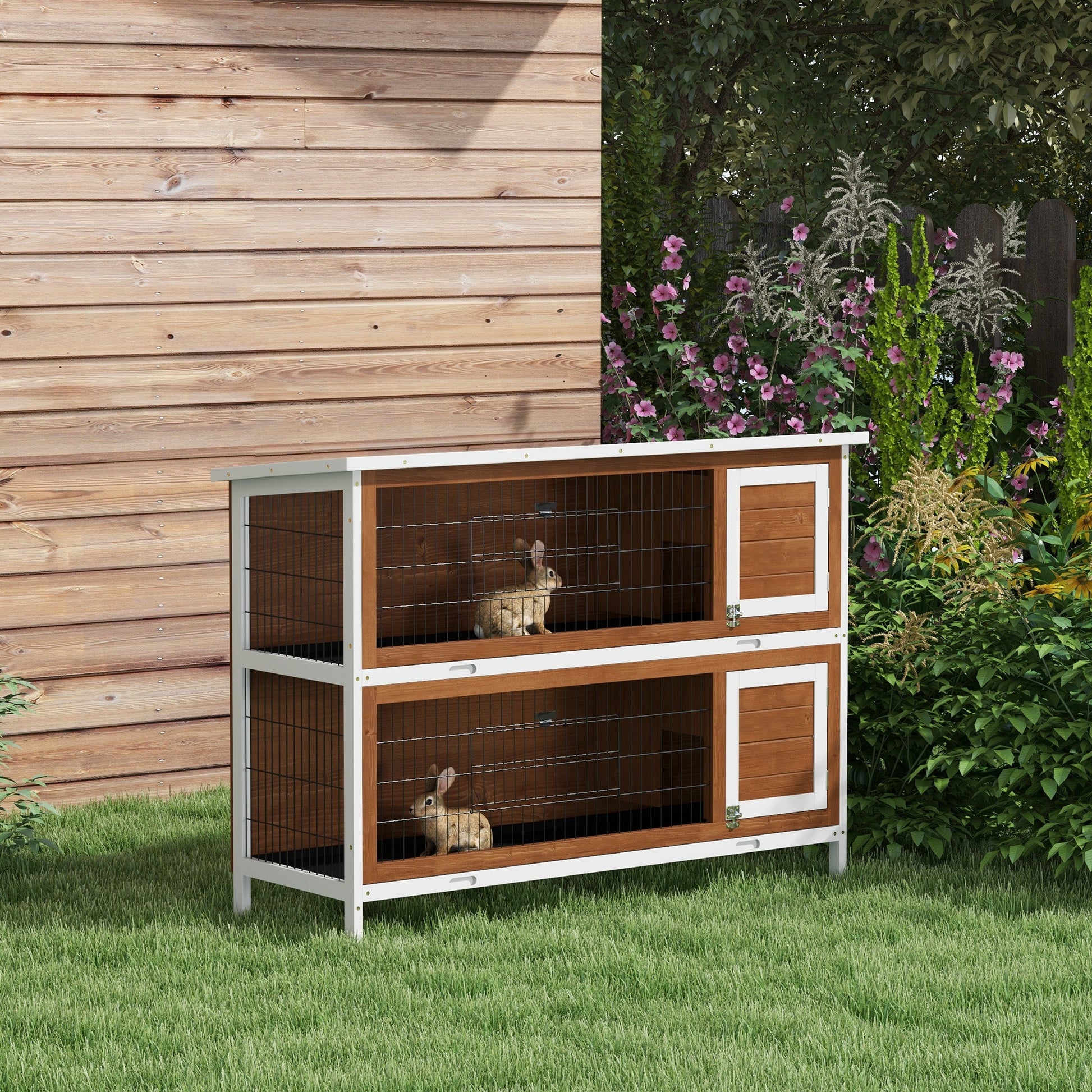 54"L 2-Story Large Rabbit Hutch Bunny Cage Wooden Pet House Small Animal Habitat with Lockable Doors, No Leak Tray and Waterproof Roof for Outdoor/Indoor Brown