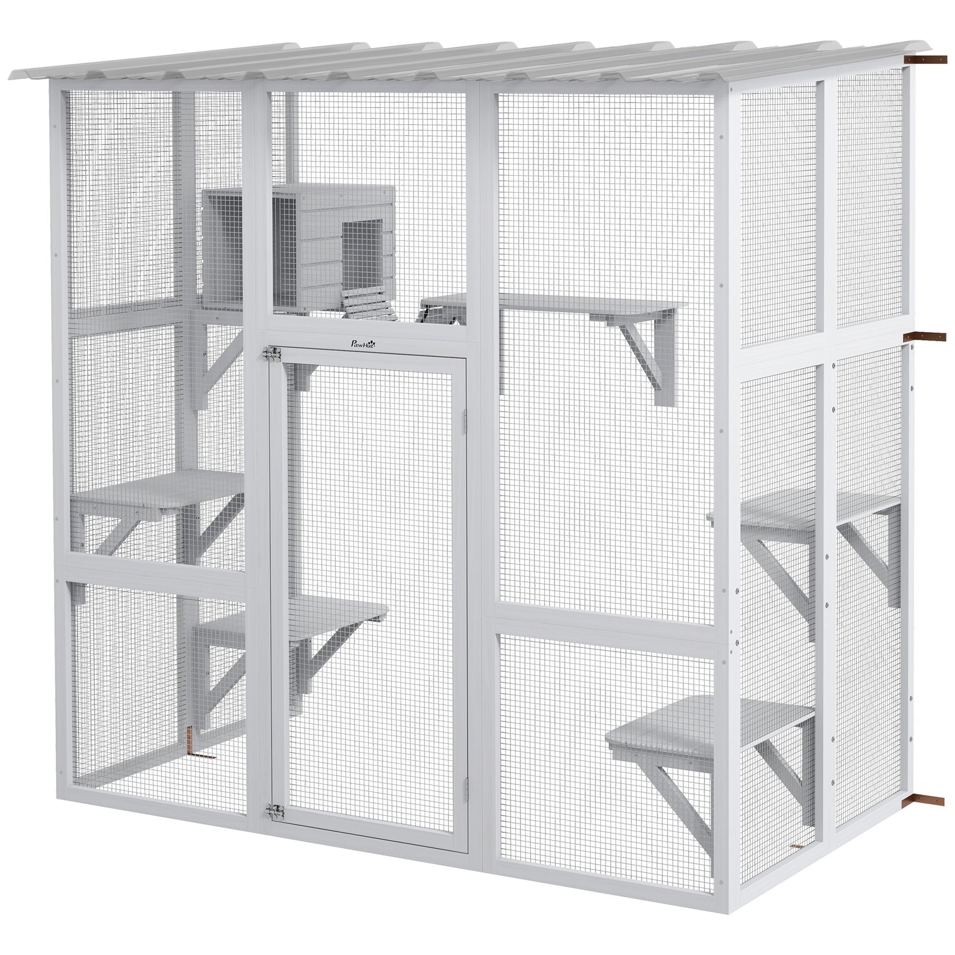 Catio, Wooden Outdoor Cat Enclosure Window Box with Weatherproof Roof, Bridge, Resting Box, Platforms, Cat Cage for 2 Kittens, White