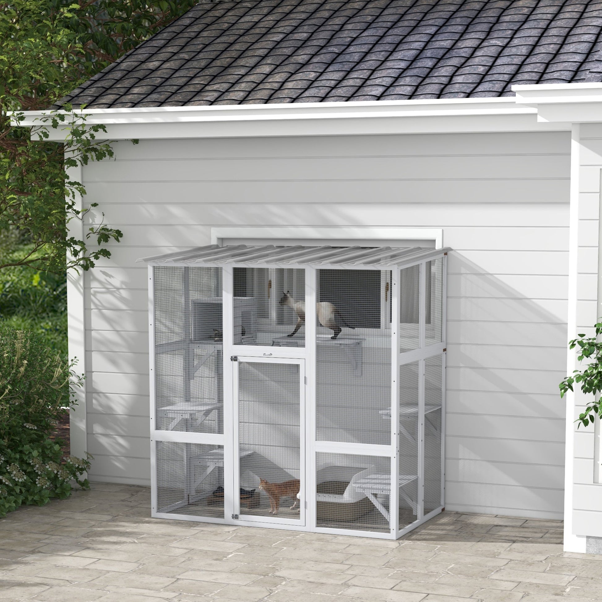 Catio, Wooden Outdoor Cat Enclosure Window Box with Weatherproof Roof, Bridge, Resting Box, Platforms, Cat Cage for 2 Kittens, White