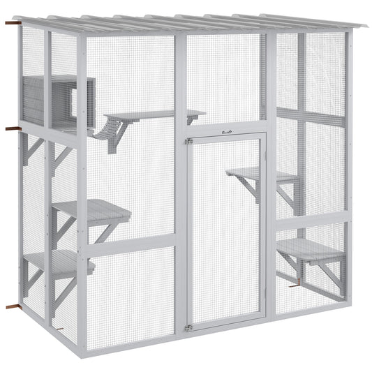 Catio, Wooden Outdoor Cat Enclosure Window Box with Weatherproof Roof, Bridge, Resting Box, Platforms, Cat Cage for 2 Kittens, White