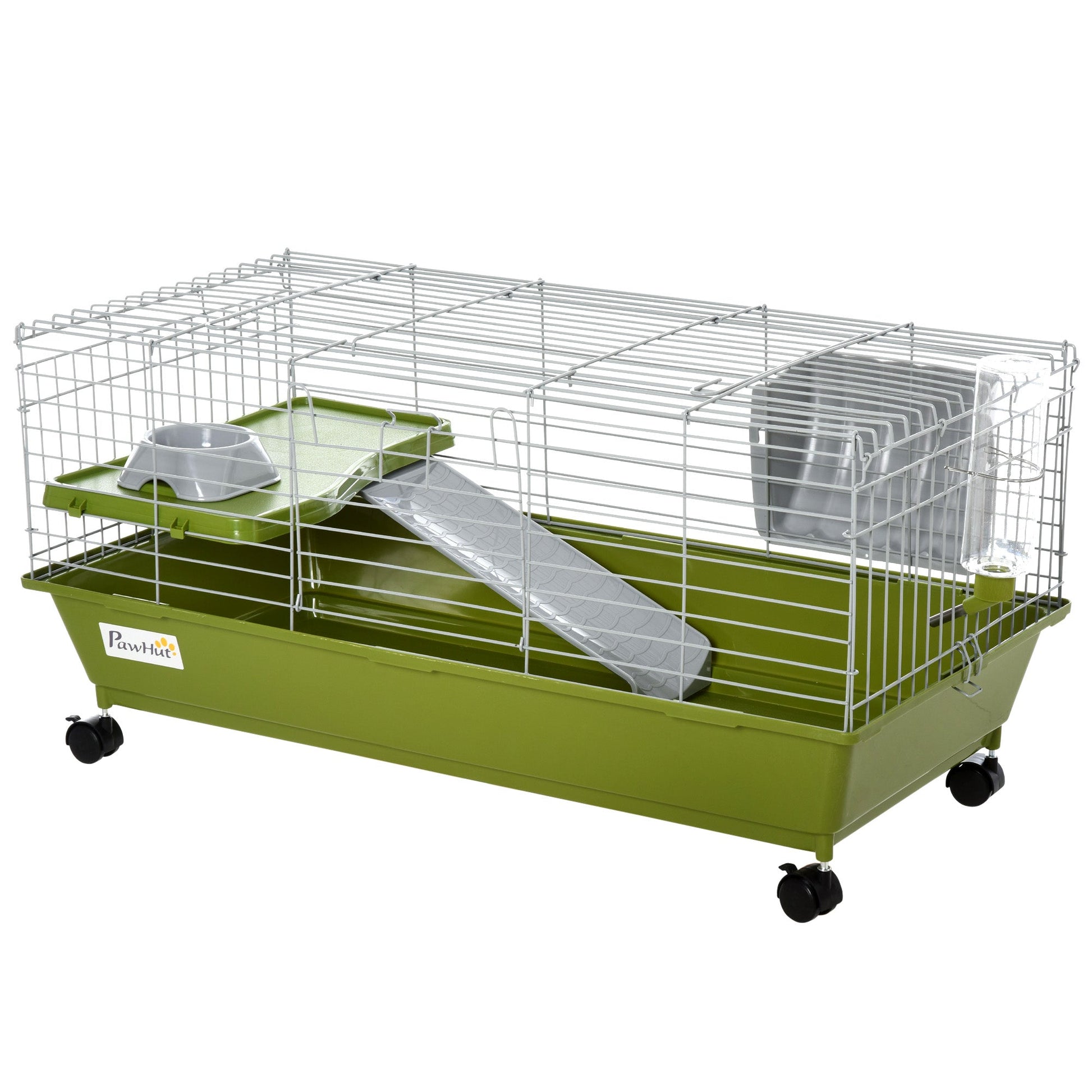 35" Small Animal Cage, Rolling Bunny Cage, Guinea Pig Cage with Food Dish, Water Bottle, Hay Feeder, Platform, Ramp for Chinchilla, Green