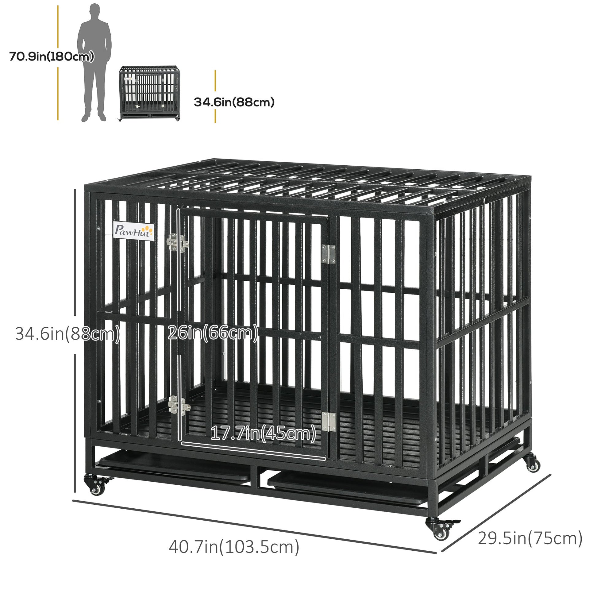 Heavy Duty Steel Dog Crate Kennel Pet Cage with Wheels for Portability and a Door for Convenient Access Anti-Pinching Floor, 40.7"L x 29.5"W x 34.6"H, Black