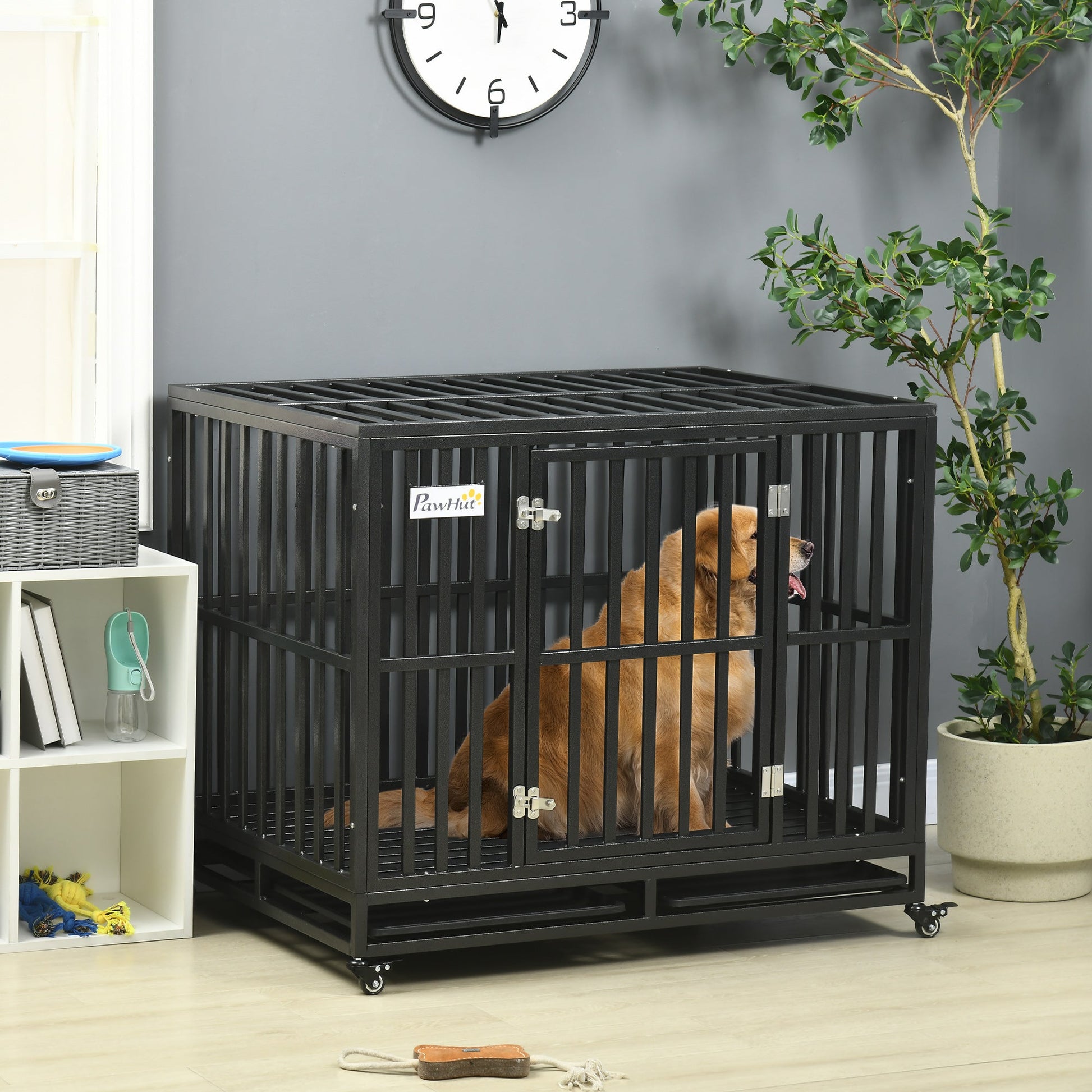 Heavy Duty Steel Dog Crate Kennel Pet Cage with Wheels for Portability and a Door for Convenient Access Anti-Pinching Floor, 40.7"L x 29.5"W x 34.6"H, Black