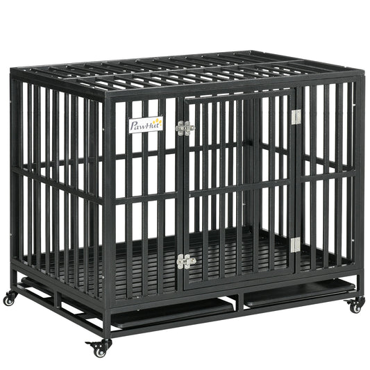 Heavy Duty Steel Dog Crate Kennel Pet Cage with Wheels for Portability and a Door for Convenient Access Anti-Pinching Floor, 40.7"L x 29.5"W x 34.6"H, Black