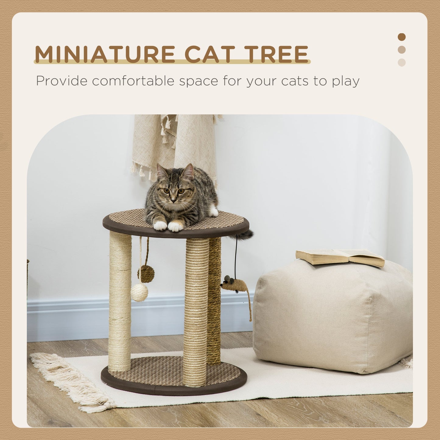 17" Cat Tree, Kitty Activity Centre with Hanging Toys, Cat Climbing Toy, Cat Tower with Jute, Sisal, Seagrass Scratching Post, Brown