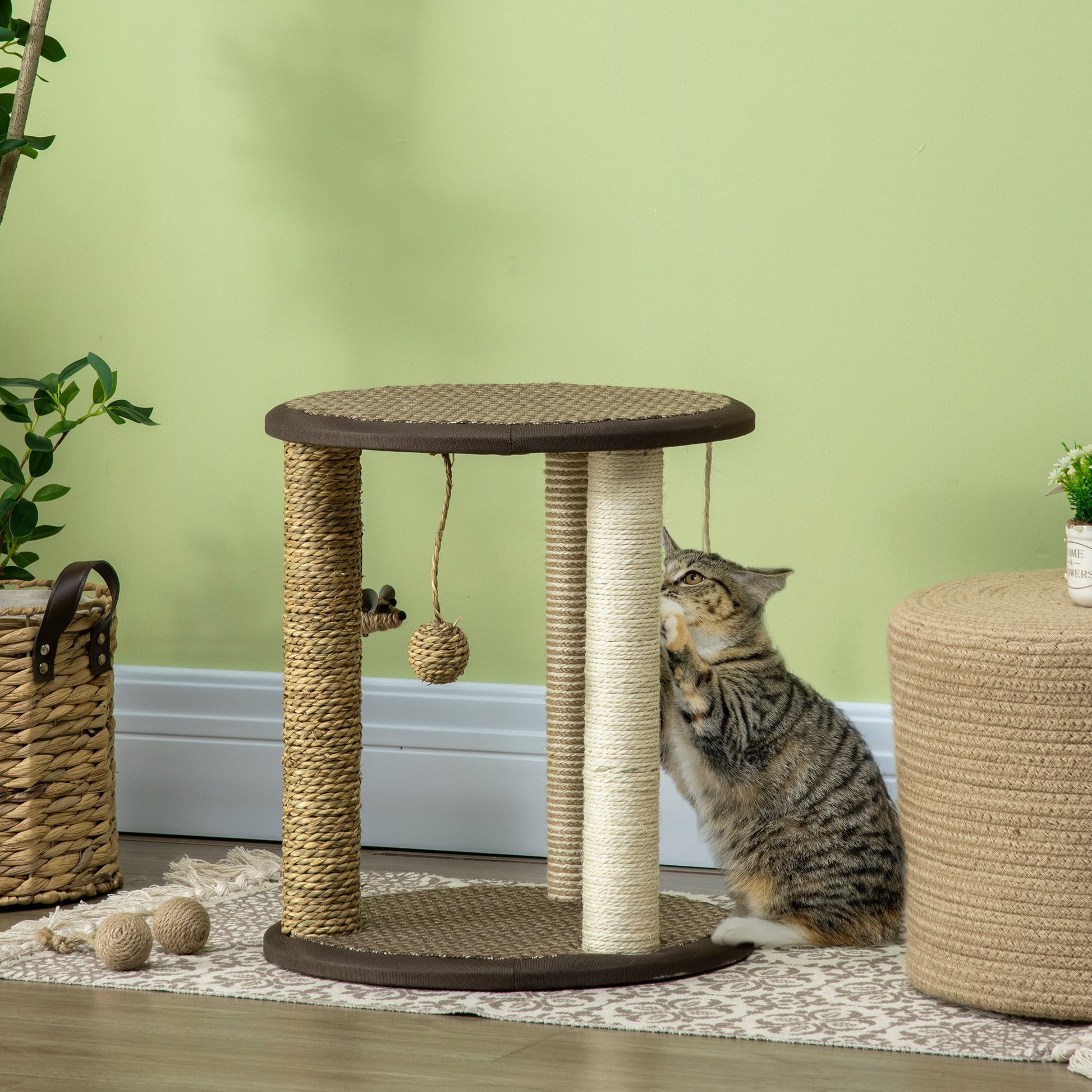 17" Cat Tree, Kitty Activity Centre with Hanging Toys, Cat Climbing Toy, Cat Tower with Jute, Sisal, Seagrass Scratching Post, Brown