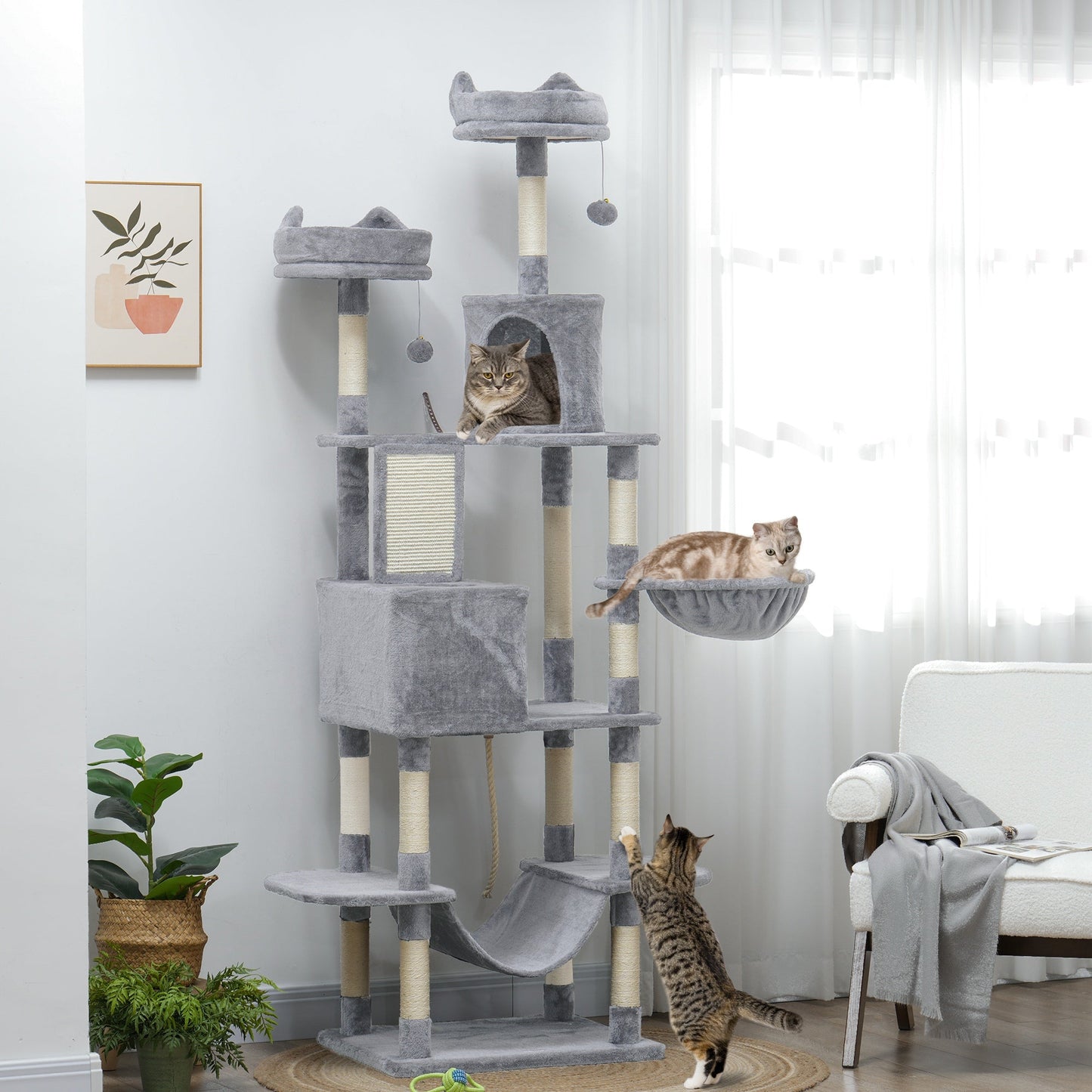 Cat Tower, 81" Cat Tree for Large Cats Adult w/ Scratching Posts, Scratching Board, Cat Condos, Cat Beds, Hammocks, Jumping Platforms, Toy Balls, Rope Cat Toy, Light Grey