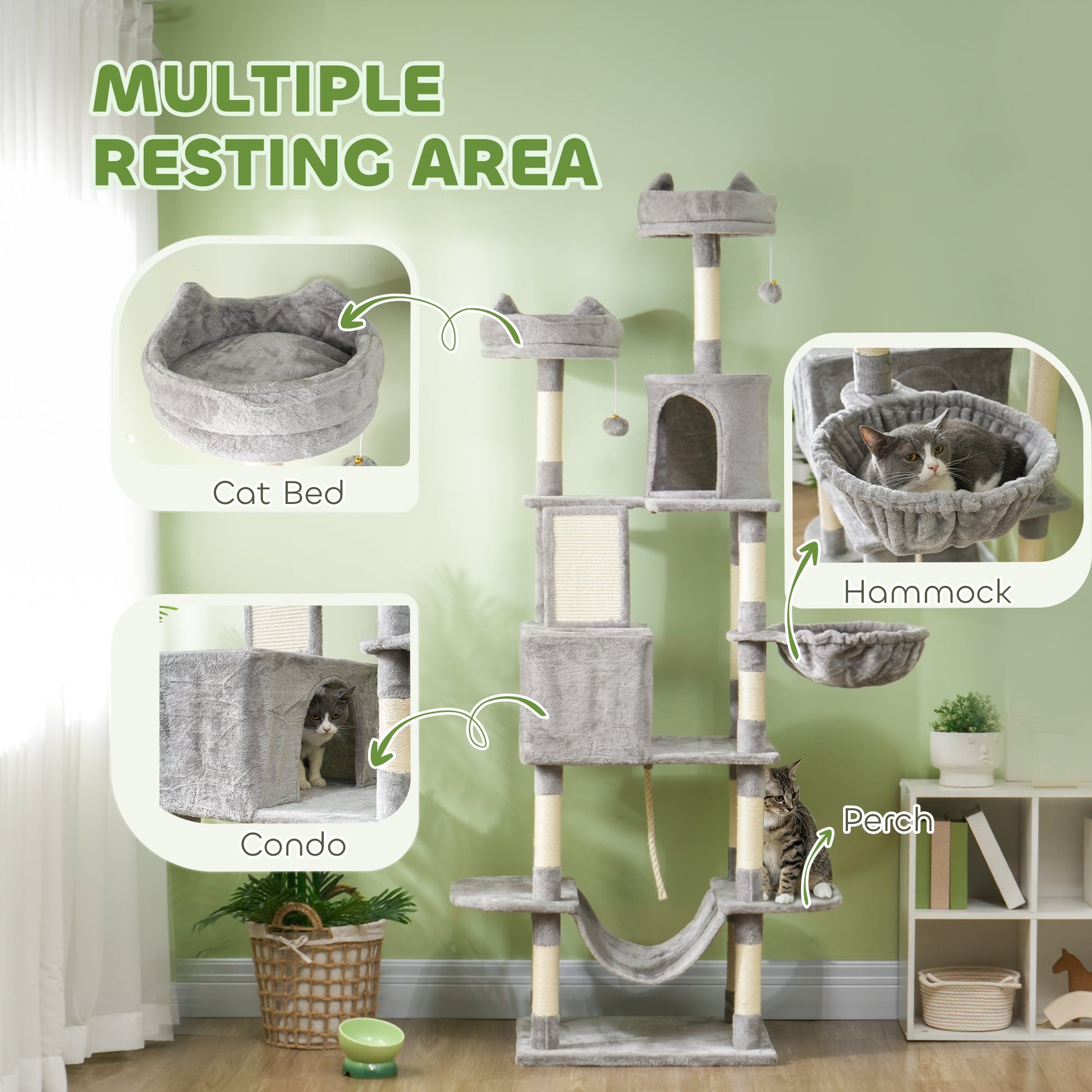 Cat Tower, 81" Cat Tree for Large Cats Adult w/ Scratching Posts, Scratching Board, Cat Condos, Cat Beds, Hammocks, Jumping Platforms, Toy Balls, Rope Cat Toy, Light Grey