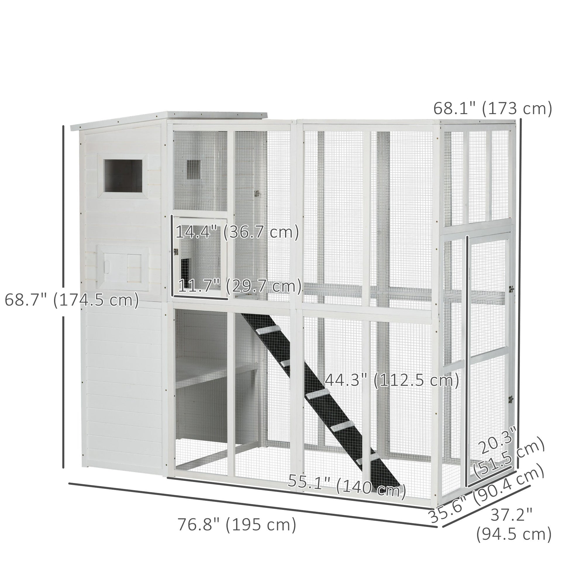 Large Catio Outdoor Cat Enclosure Weatherproof Cat House with Cat Condo, Indoor Wooden Cat Cage Pet Kennel, 77"L x 38"W x 69"H, White