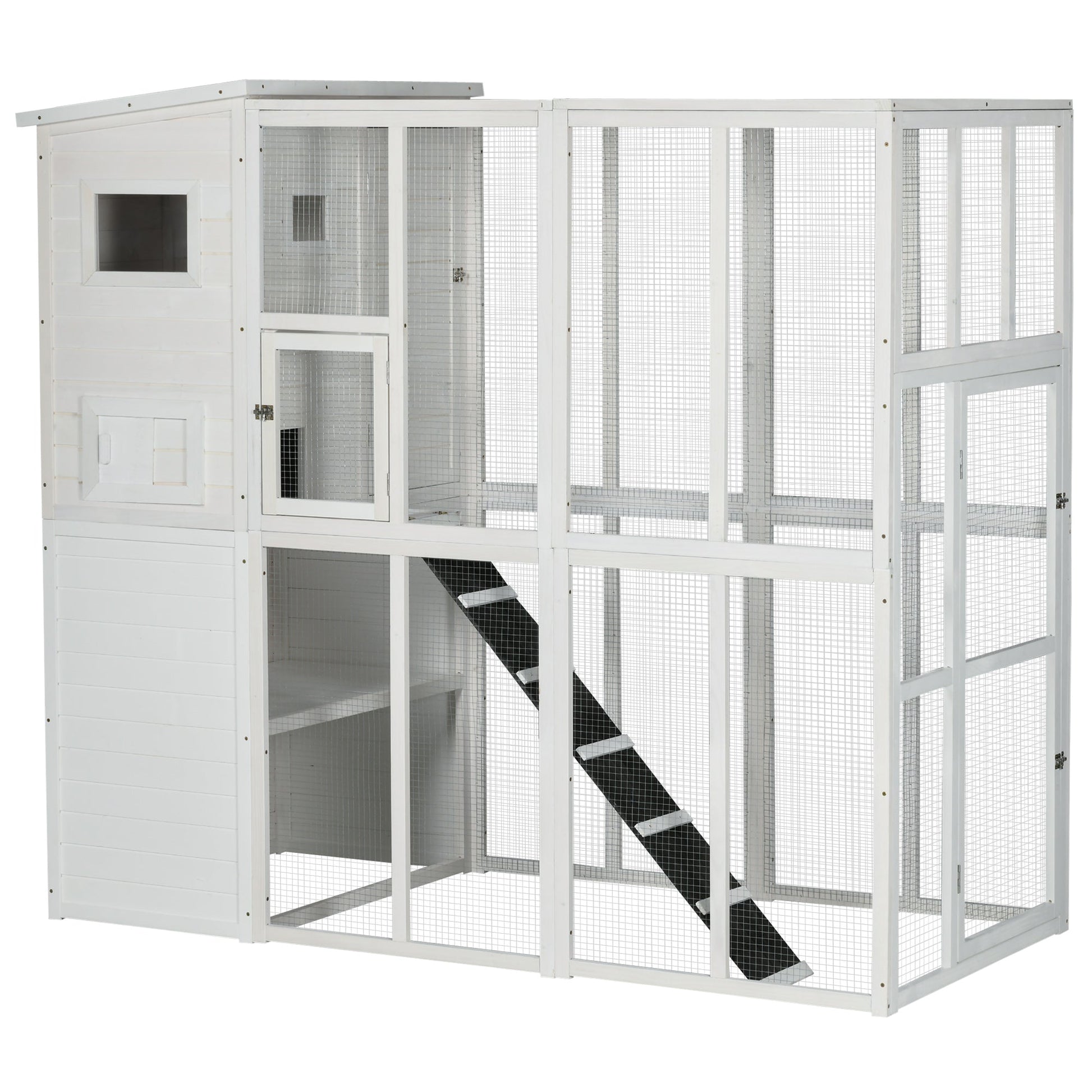Large Catio Outdoor Cat Enclosure Weatherproof Cat House with Cat Condo, Indoor Wooden Cat Cage Pet Kennel, 77"L x 38"W x 69"H, White