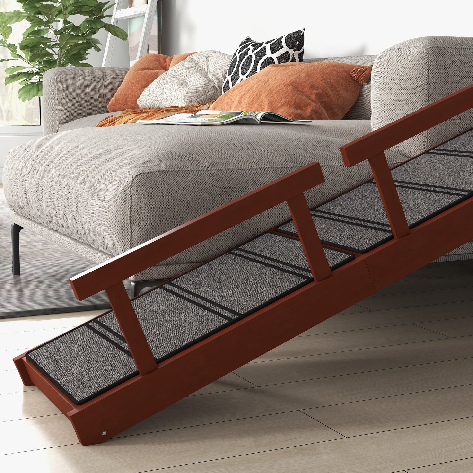 Wooden Dog Ramp for Large Dogs, 60" Long Pet Ramp with Non-slip Rug, Removable Guardrails, Dog Stairs for Couch, Bed, Brown