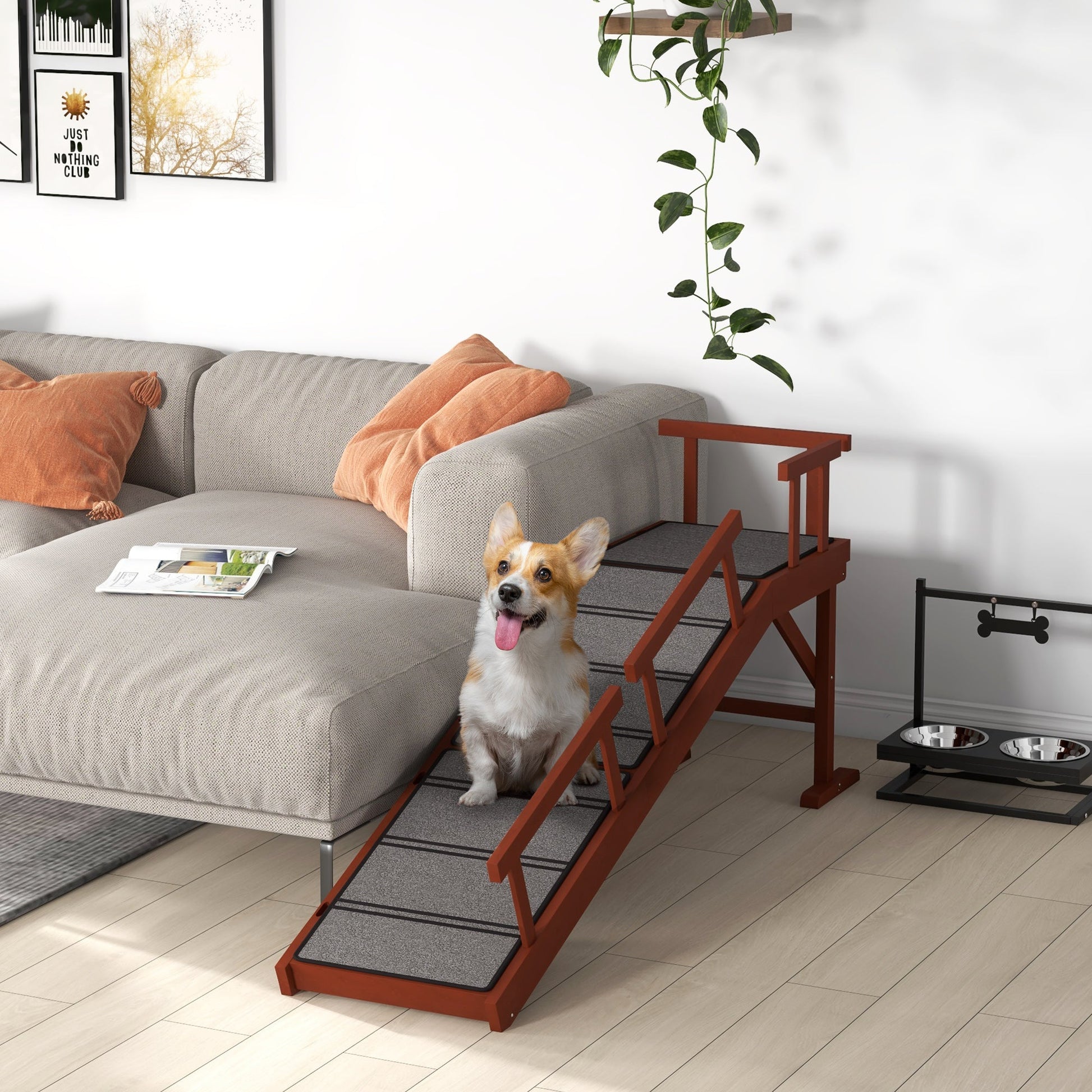 Wooden Dog Ramp for Large Dogs, 60" Long Pet Ramp with Non-slip Rug, Removable Guardrails, Dog Stairs for Couch, Bed, Brown
