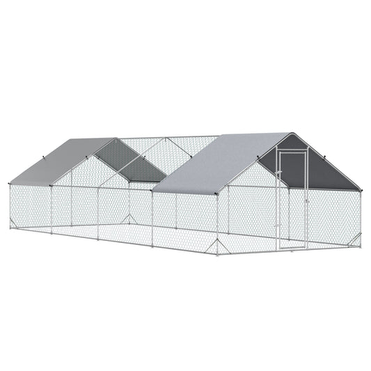 Metal Chicken Coop, Walk-in Large Chicken Run, Poultry Cage for Backyard Hen, Duck, Rabbit with Water- and UV-Protection Cover, for 16-24 Chickens, 9.8' x 26.2' x 6.6'