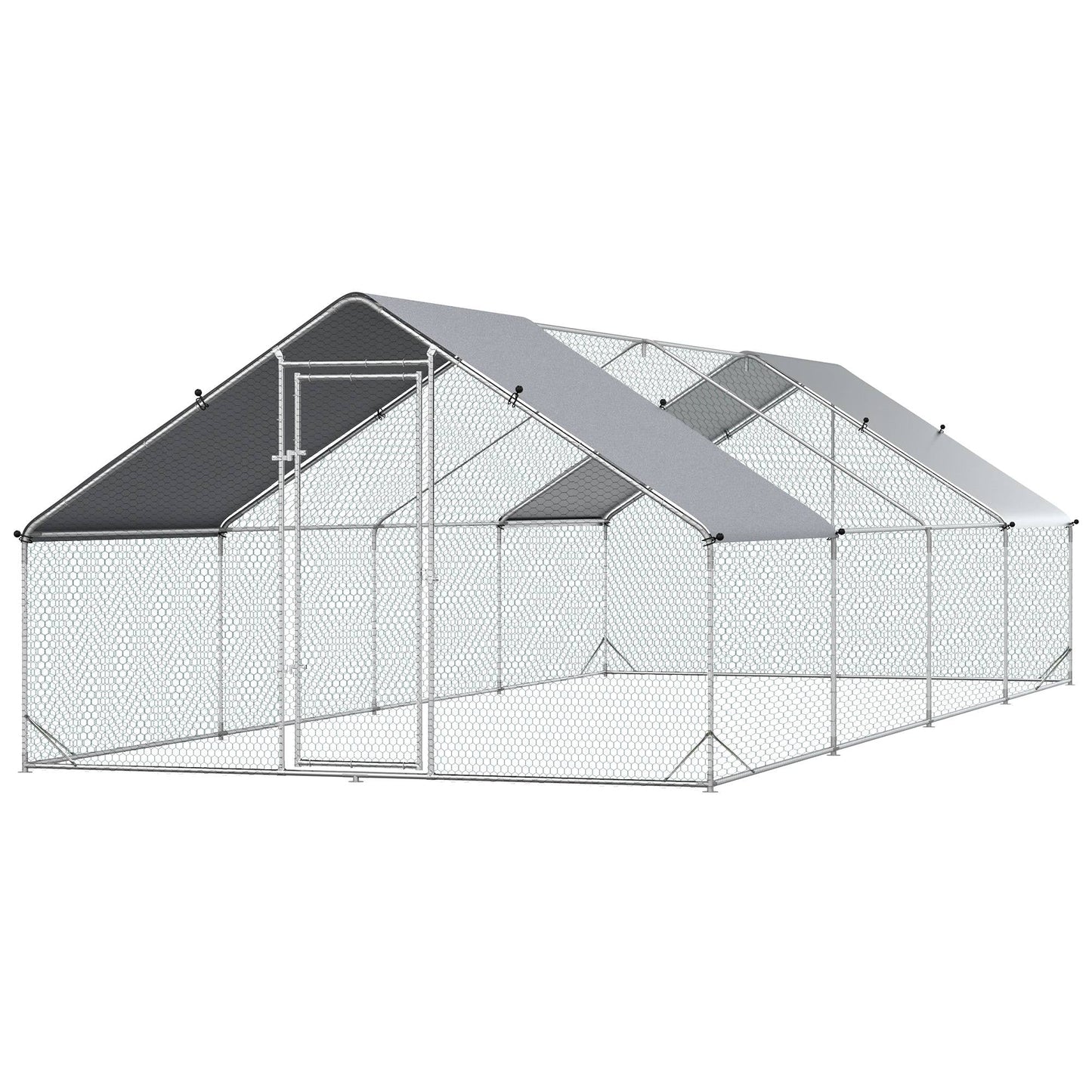 Metal Chicken Coop, Walk-in Large Chicken Run, Poultry Cage for Backyard Hen, Duck, Rabbit with Water- and UV-Protection Cover, for 16-24 Chickens, 9.8' x 26.2' x 6.6'