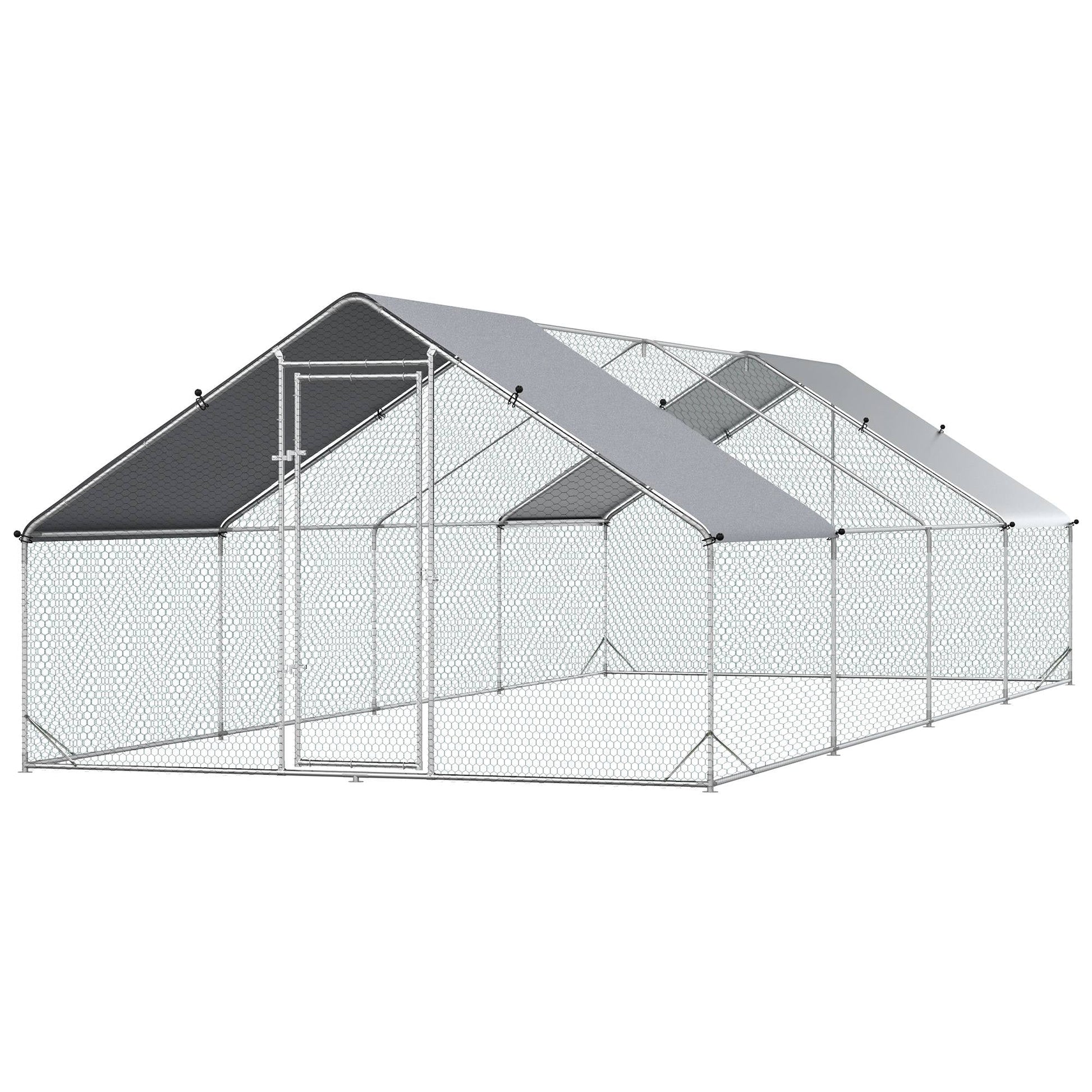 Metal Chicken Coop, Walk-in Large Chicken Run, Poultry Cage for Backyard Hen, Duck, Rabbit with Water- and UV-Protection Cover, for 16-24 Chickens, 9.8' x 26.2' x 6.6'