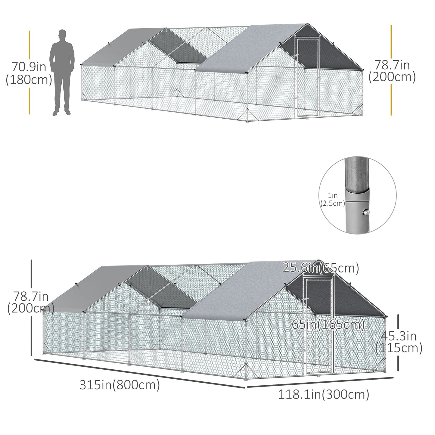 Metal Chicken Coop, Walk-in Large Chicken Run, Poultry Cage for Backyard Hen, Duck, Rabbit with Water- and UV-Protection Cover, for 16-24 Chickens, 9.8' x 26.2' x 6.6'
