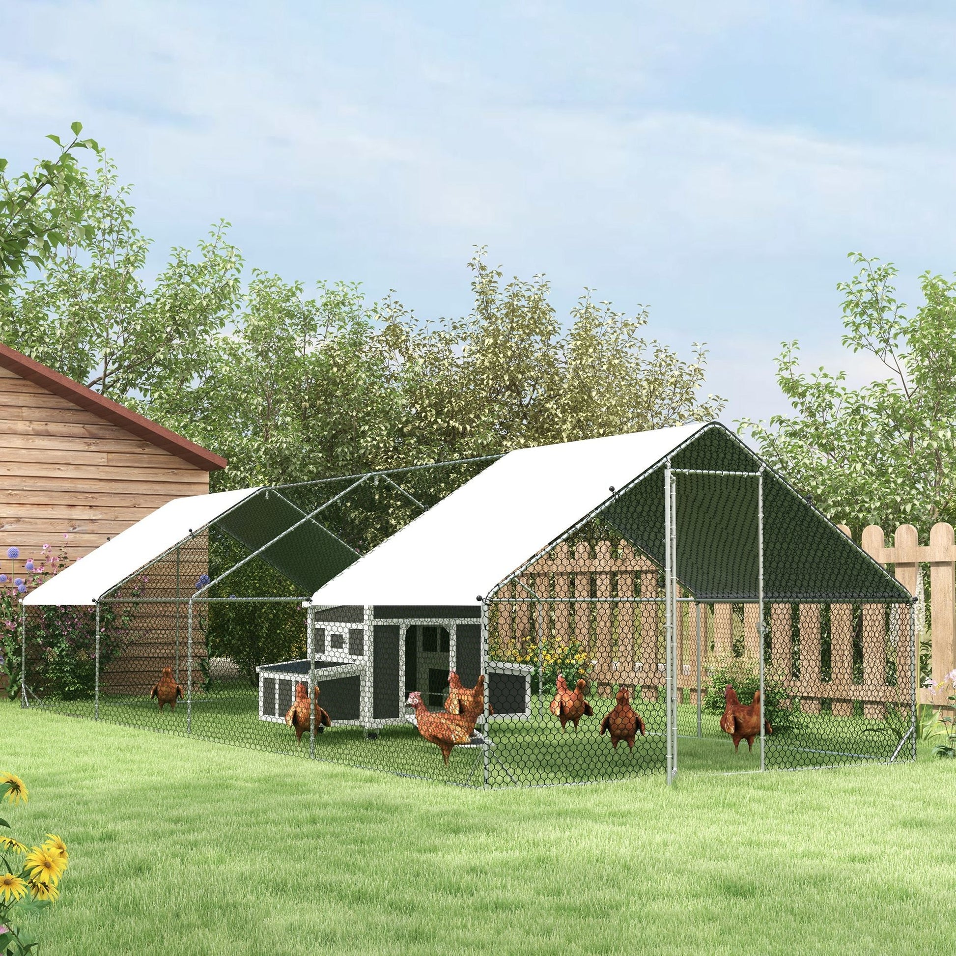 Metal Chicken Coop, Walk-in Large Chicken Run, Poultry Cage for Backyard Hen, Duck, Rabbit with Water- and UV-Protection Cover, for 16-24 Chickens, 9.8' x 26.2' x 6.6'