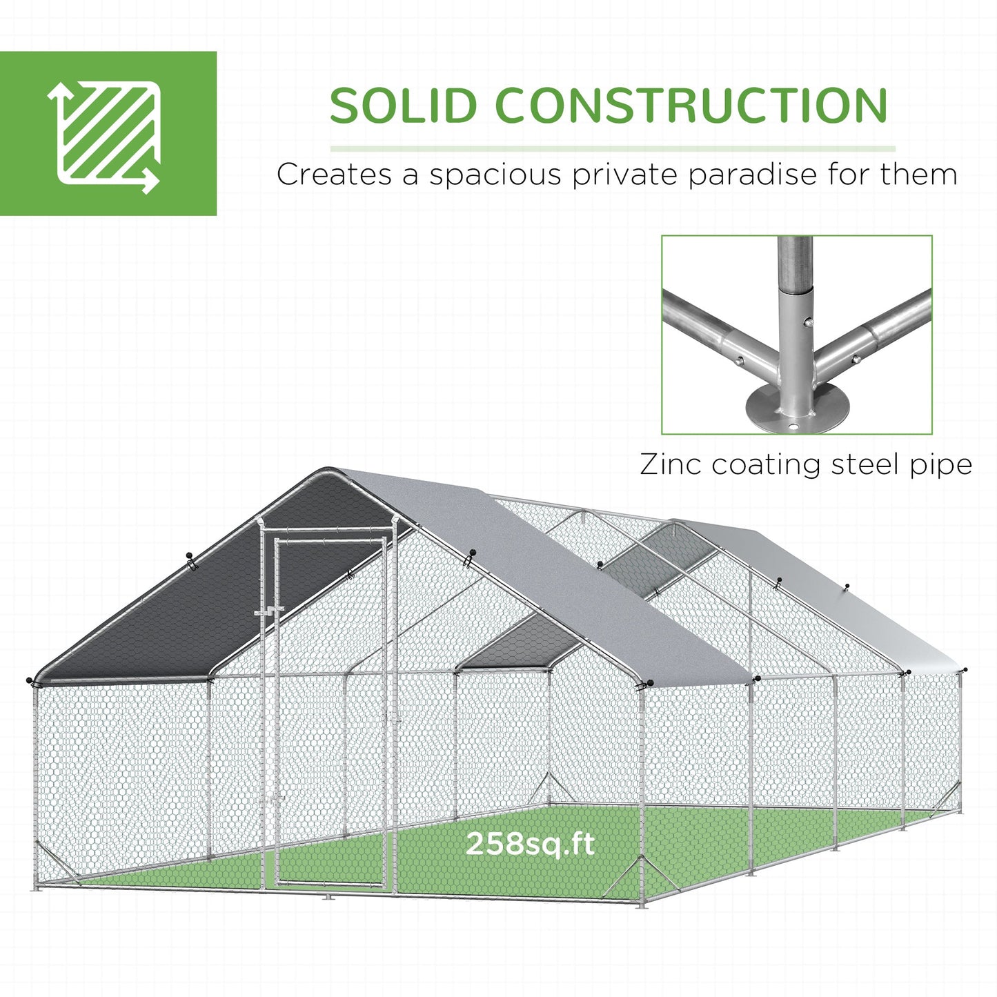 Metal Chicken Coop, Walk-in Large Chicken Run, Poultry Cage for Backyard Hen, Duck, Rabbit with Water- and UV-Protection Cover, for 16-24 Chickens, 9.8' x 26.2' x 6.6'