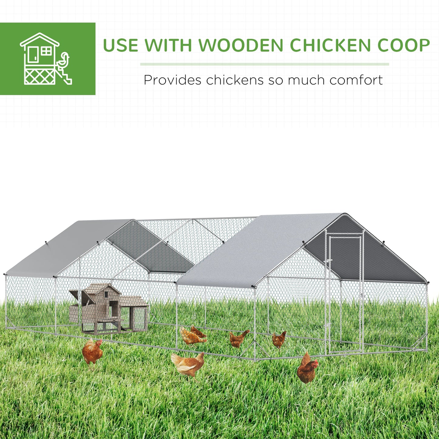 Metal Chicken Coop, Walk-in Large Chicken Run, Poultry Cage for Backyard Hen, Duck, Rabbit with Water- and UV-Protection Cover, for 16-24 Chickens, 9.8' x 26.2' x 6.6'