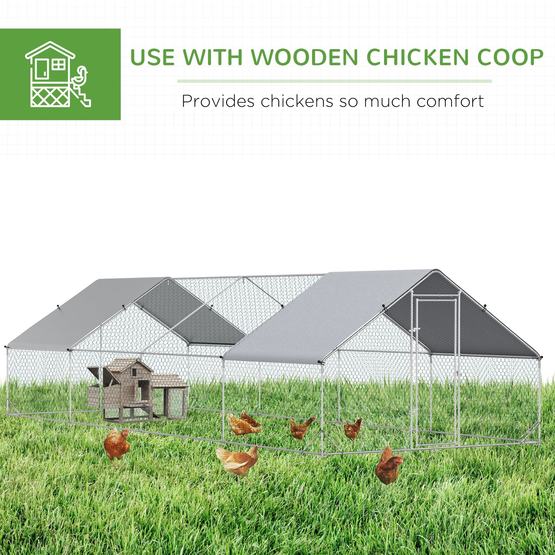 Metal Chicken Coop, Walk-in Large Chicken Run, Poultry Cage for Backyard Hen, Duck, Rabbit with Water- and UV-Protection Cover, for 16-24 Chickens, 9.8' x 26.2' x 6.6'