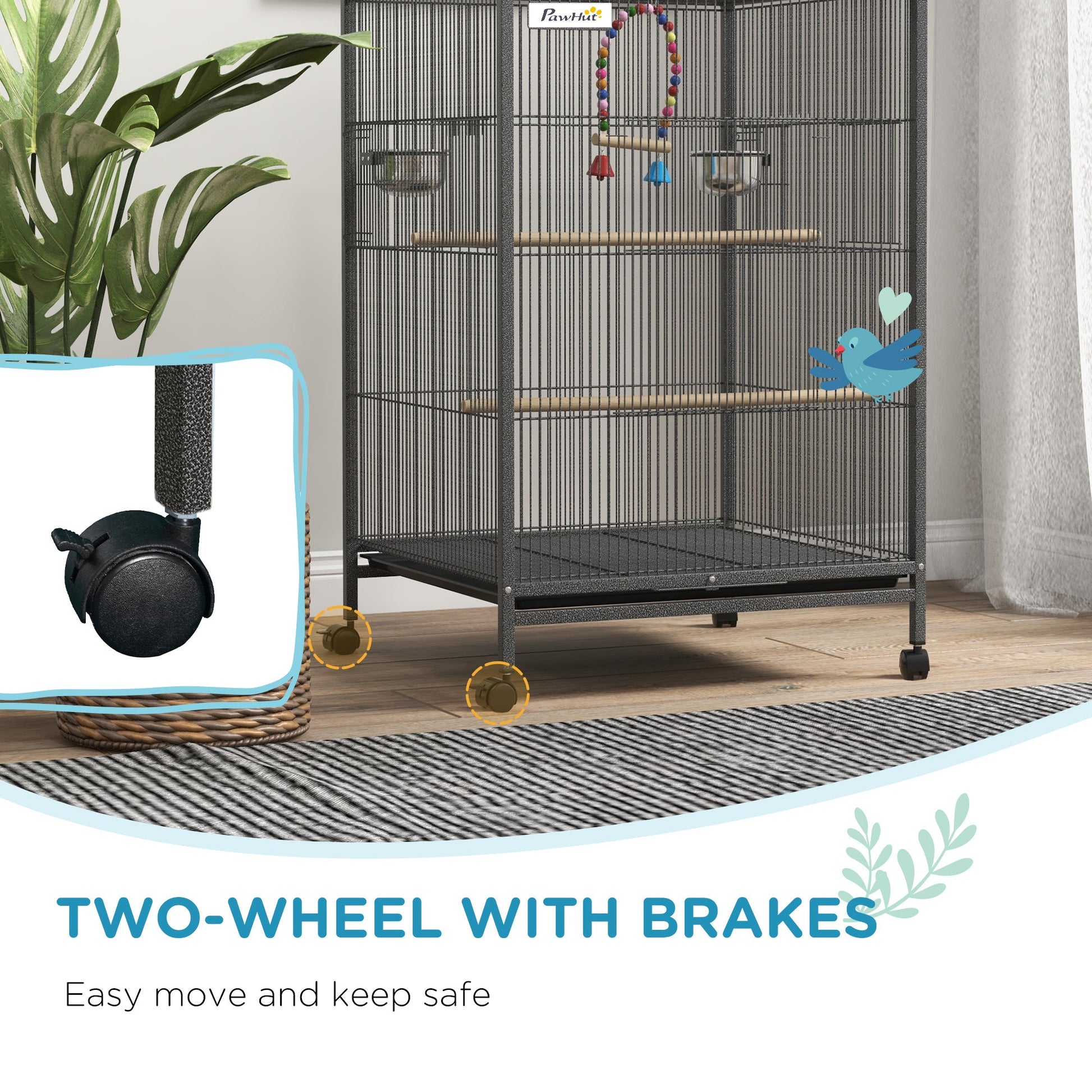 29" Bird Cage for Parrots Lovebirds Budgies Finches, Flight Cage with 5 Doors, Swing, Stainless Steel Bowls, Removable Tray, Wheel, Grey