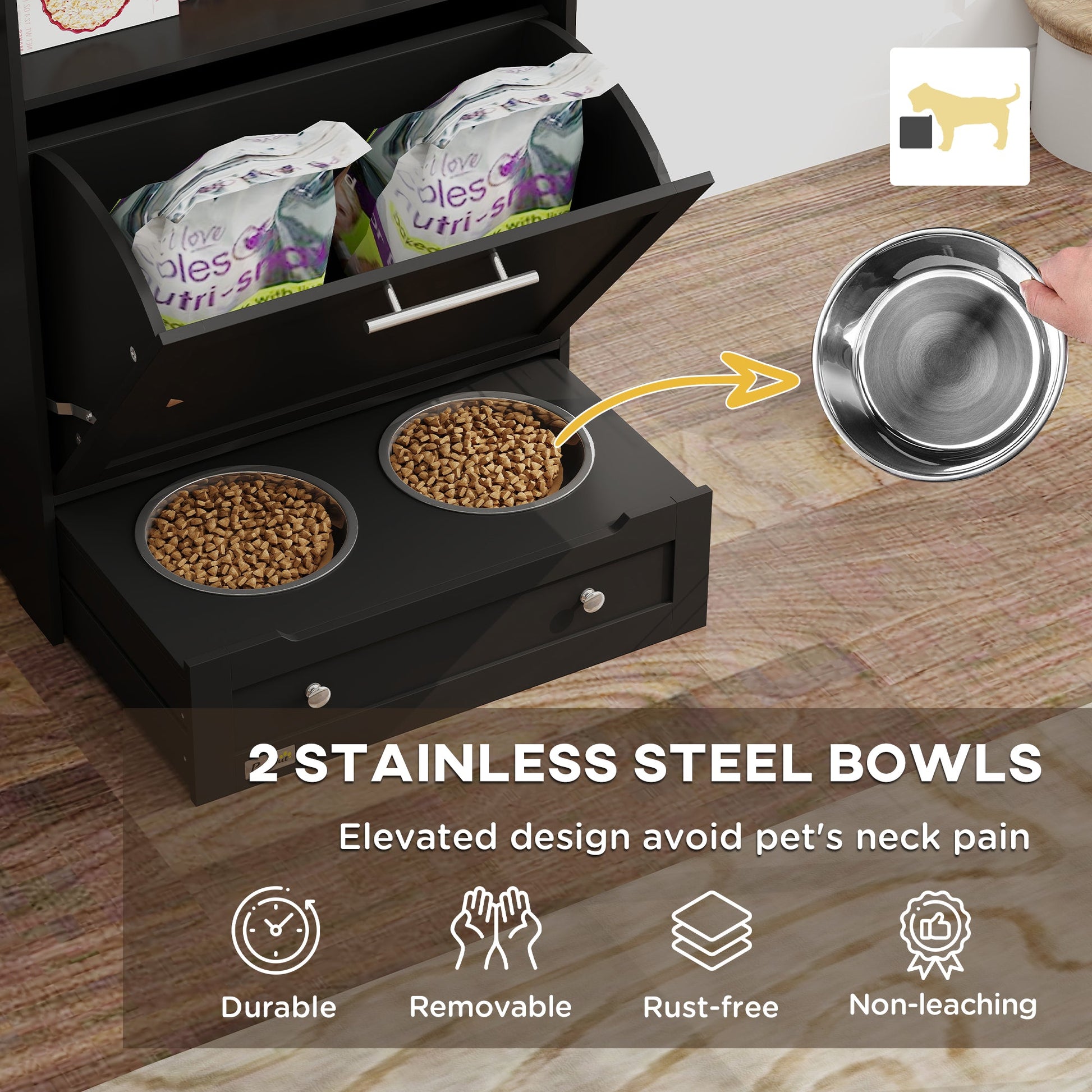 Cat Dog Feeding Station, Dog Food Storage Cabinet, Pet Feeder Container with Raised Bowls and Hanger for Feeding & Watering Supplies, Black