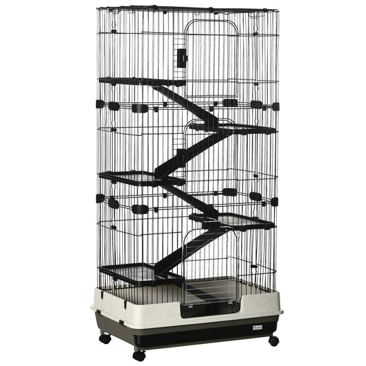 63"H 6-Level Small Animal Cage Rabbit Hutch with Universal Lockable Wheels, Slide-Out Tray for Bunny, Chinchillas, Ferret, Black