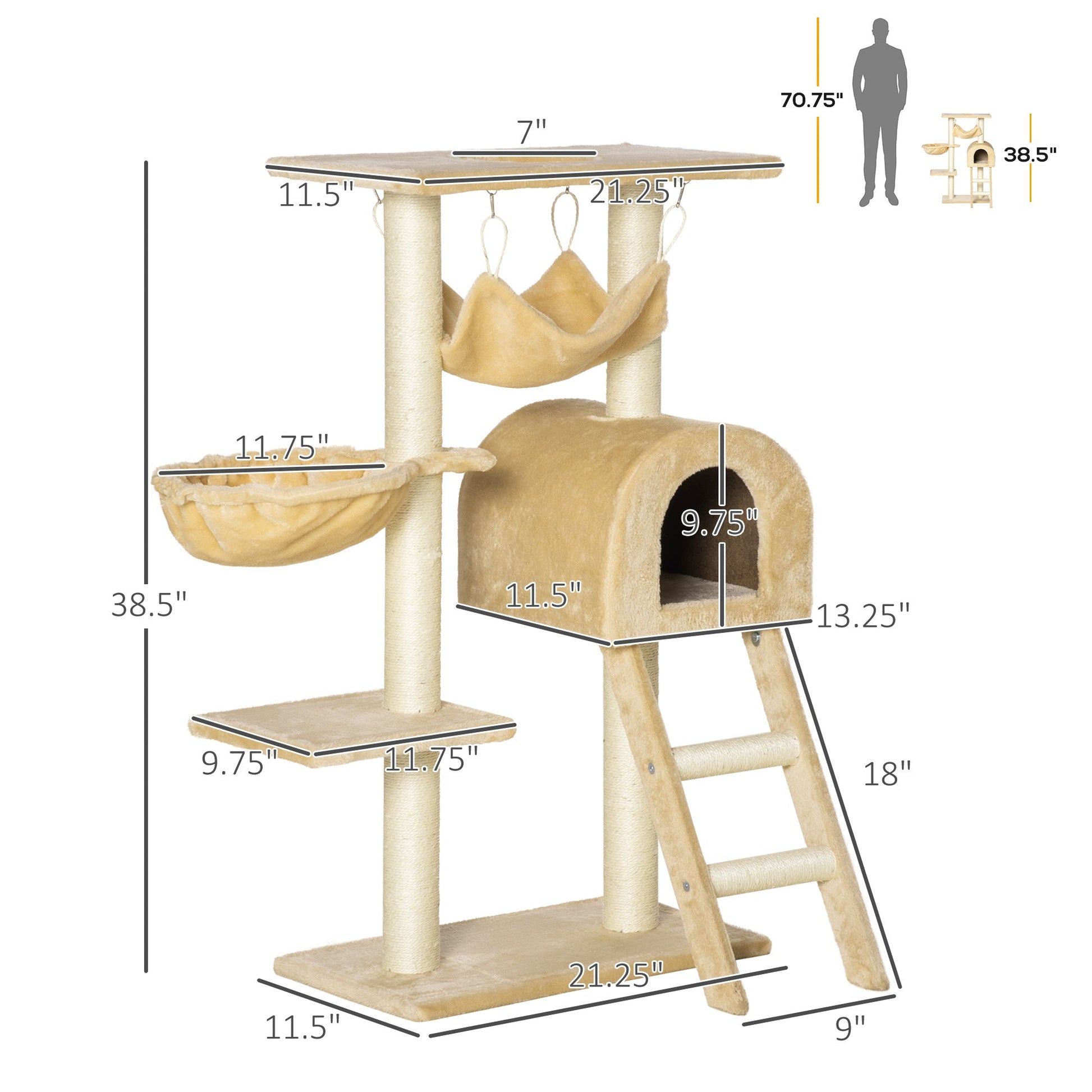 39" Deluxe Cat Scratching Tree Kitten Condo Play House Pet Scratcher Multi-level Tower Kitty Furniture with Hammock