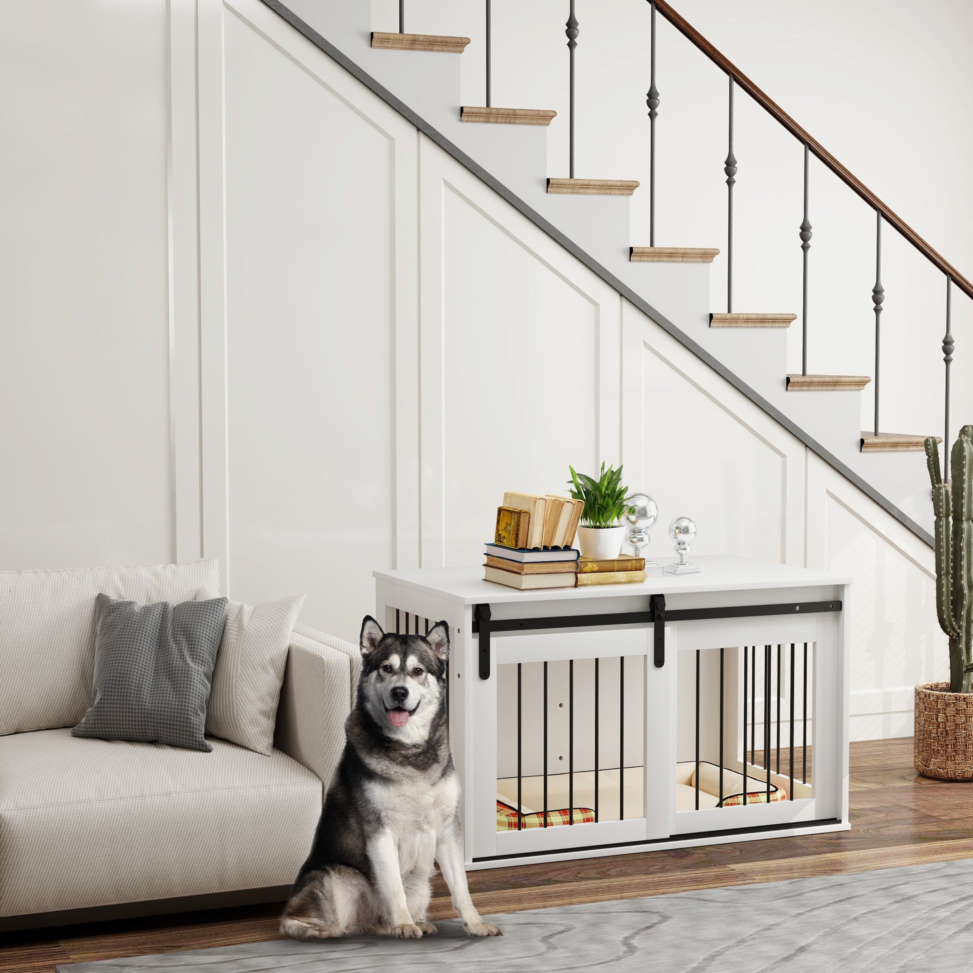 Dog Crate Furniture, 39" Dog Crate End Table Indoor Dog House for Large Dogs, with Sliding Door, Lock, White