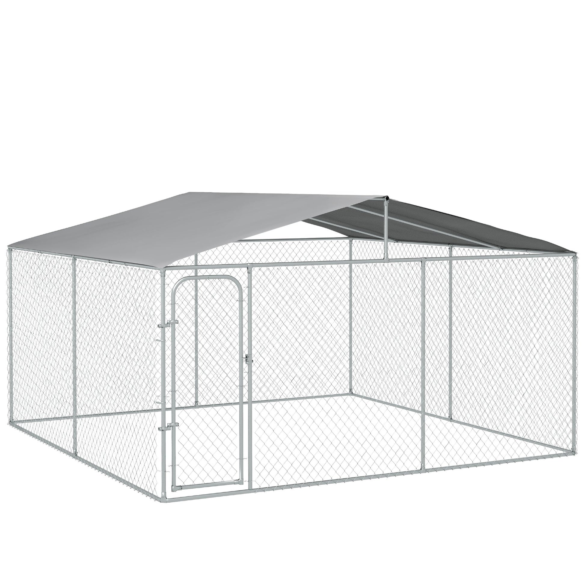 Dog Kennel Outdoor Run Fence with Roof, Steel Lock, Mesh Sidewalls for Backyard & Patio, 13.1' x 13.1' x 7.5'