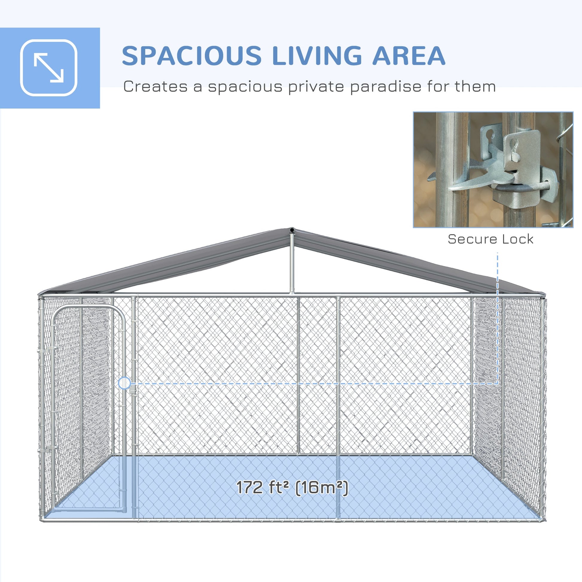 Dog Kennel Outdoor Run Fence with Roof, Steel Lock, Mesh Sidewalls for Backyard & Patio, 13.1' x 13.1' x 7.5'