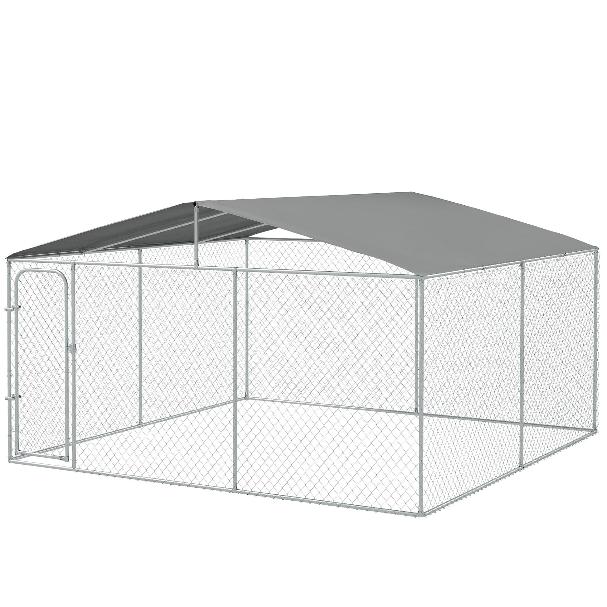 Dog Kennel Outdoor Run Fence with Roof, Steel Lock, Mesh Sidewalls for Backyard & Patio, 13.1' x 13.1' x 7.5'