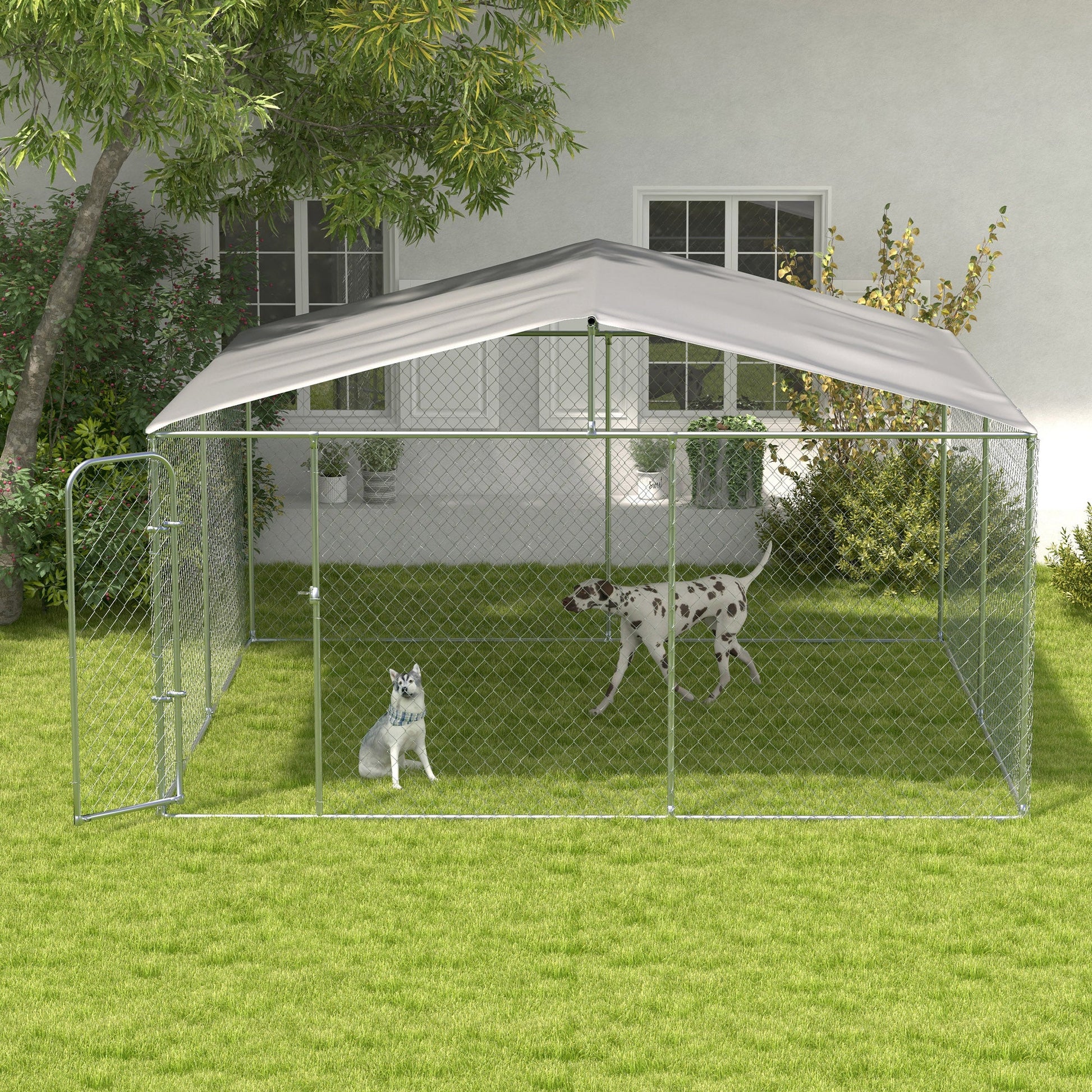 Dog Kennel Outdoor Run Fence with Roof, Steel Lock, Mesh Sidewalls for Backyard & Patio, 13.1' x 13.1' x 7.5'