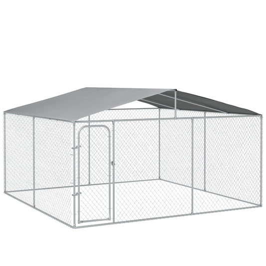 Dog Kennel Outdoor Run Fence with Roof, Steel Lock, Mesh Sidewalls for Backyard & Patio, 13.1' x 13.1' x 7.5'