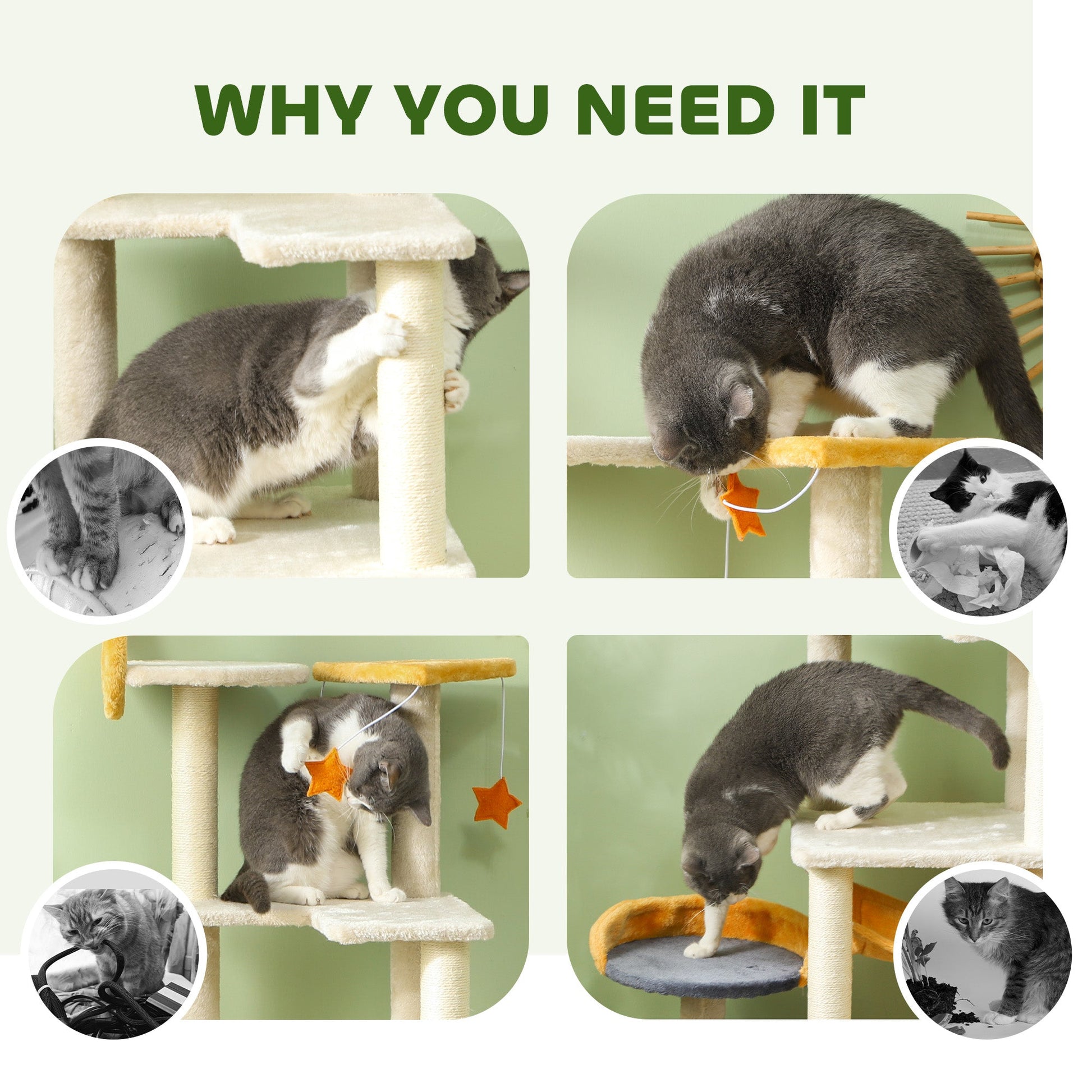 Cat Tower, 63 Inch Cat Tree for Large Cats Adult with Cat Scratching Posts, Cat Condo, Bed, Scratching Board, Cat Toys, Star and Moon Themed Cat Tree for Indoor Cats, Beige