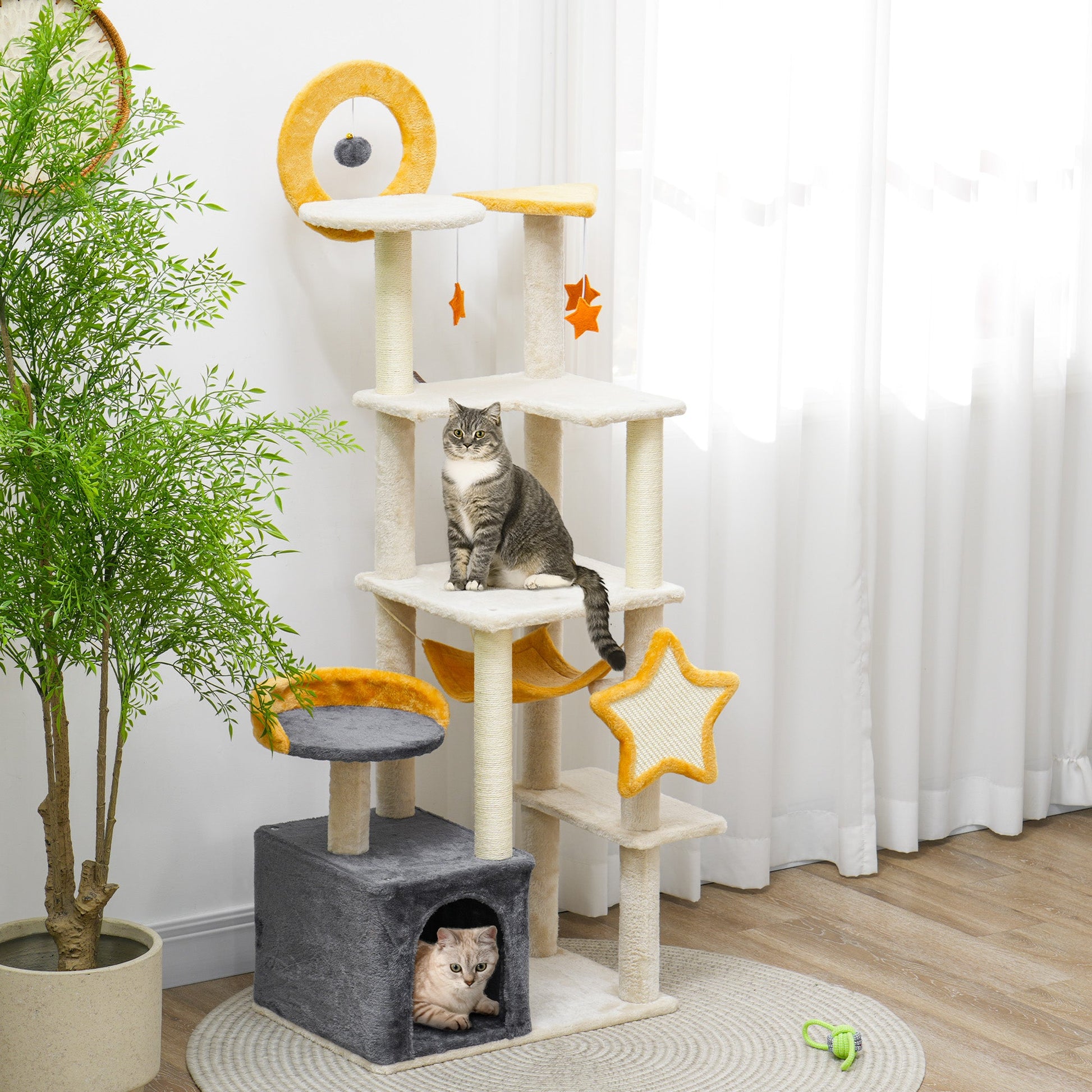 Cat Tower, 63 Inch Cat Tree for Large Cats Adult with Cat Scratching Posts, Cat Condo, Bed, Scratching Board, Cat Toys, Star and Moon Themed Cat Tree for Indoor Cats, Beige