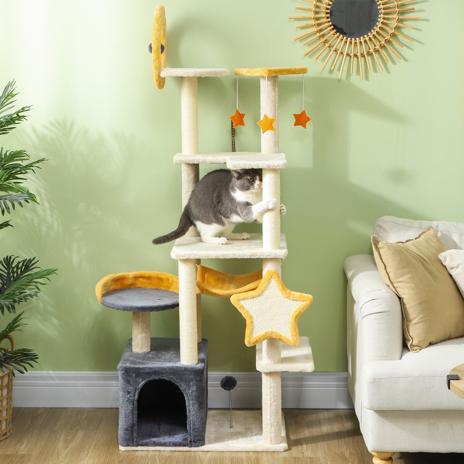 Cat Tower, 63 Inch Cat Tree for Large Cats Adult with Cat Scratching Posts, Cat Condo, Bed, Scratching Board, Cat Toys, Star and Moon Themed Cat Tree for Indoor Cats, Beige