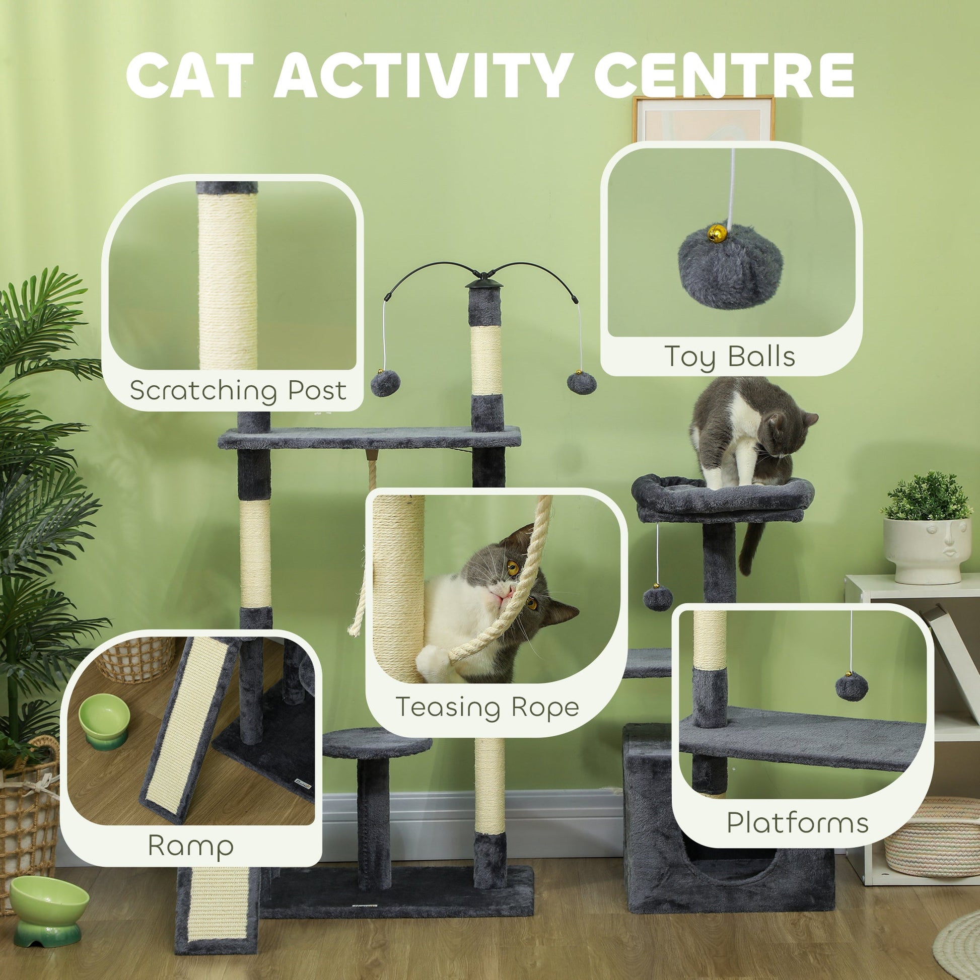 53" Cat Tree, Multi-Level Cat Tower for Indoor Cats with Sisal Scratching Posts, Cat Condo, Beds, Platforms, Ramp, Toy Balls, Cat Activity Center, Dark Grey