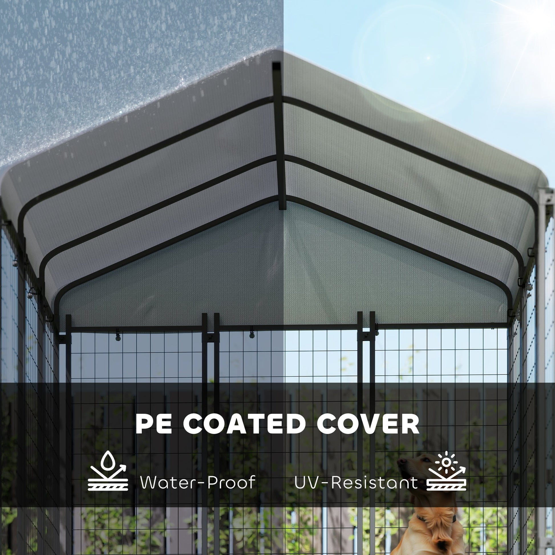 6' x 6' x 6' Outdoor Dog Kennel, Lockable Dog Run Crate with Waterproof UV-Resistant Cover, Welded Wire Steel Fence for Large Dogs, Silver