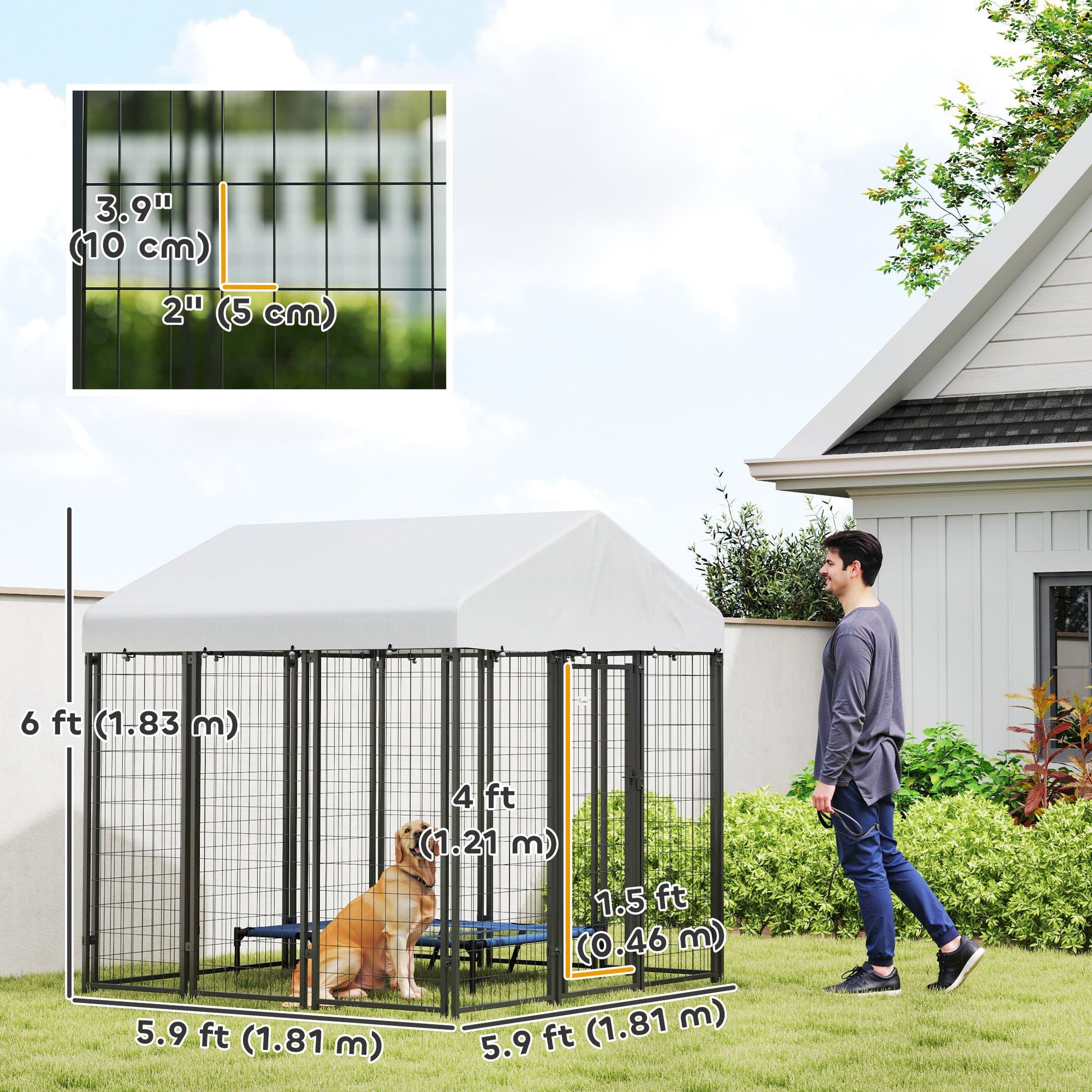 6' x 6' x 6' Outdoor Dog Kennel, Lockable Dog Run Crate with Waterproof UV-Resistant Cover, Welded Wire Steel Fence for Large Dogs, Silver